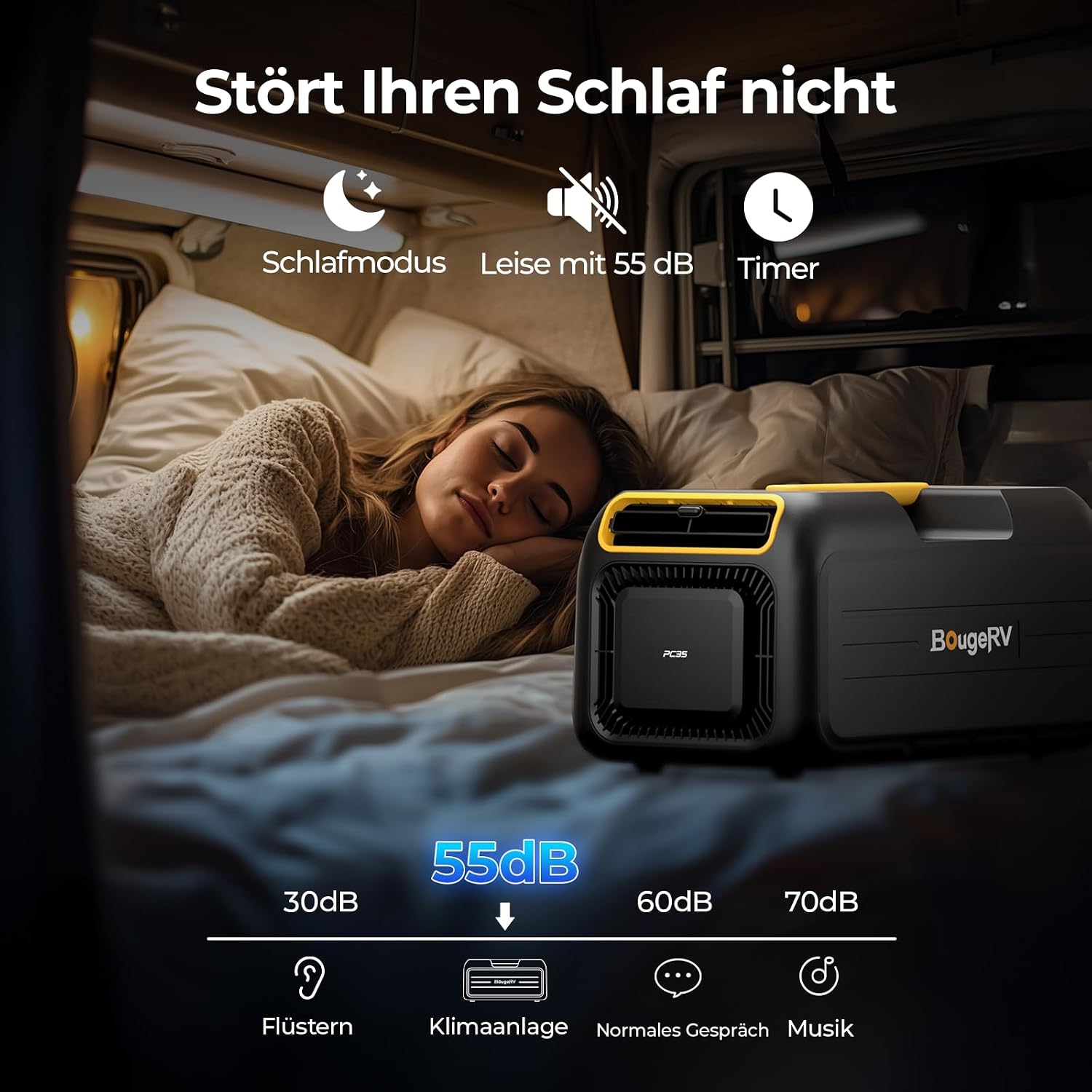 BougeRV Tragbare Klimaanlage für Camping, 3500 BTU Kühlen Mobile Klimaanlage, 10 Minuten Schnelle Kühlung, App-Steuerung, 5 Fach Funktion, R290 Gas, AC 100V-240V, für Zelt, Van