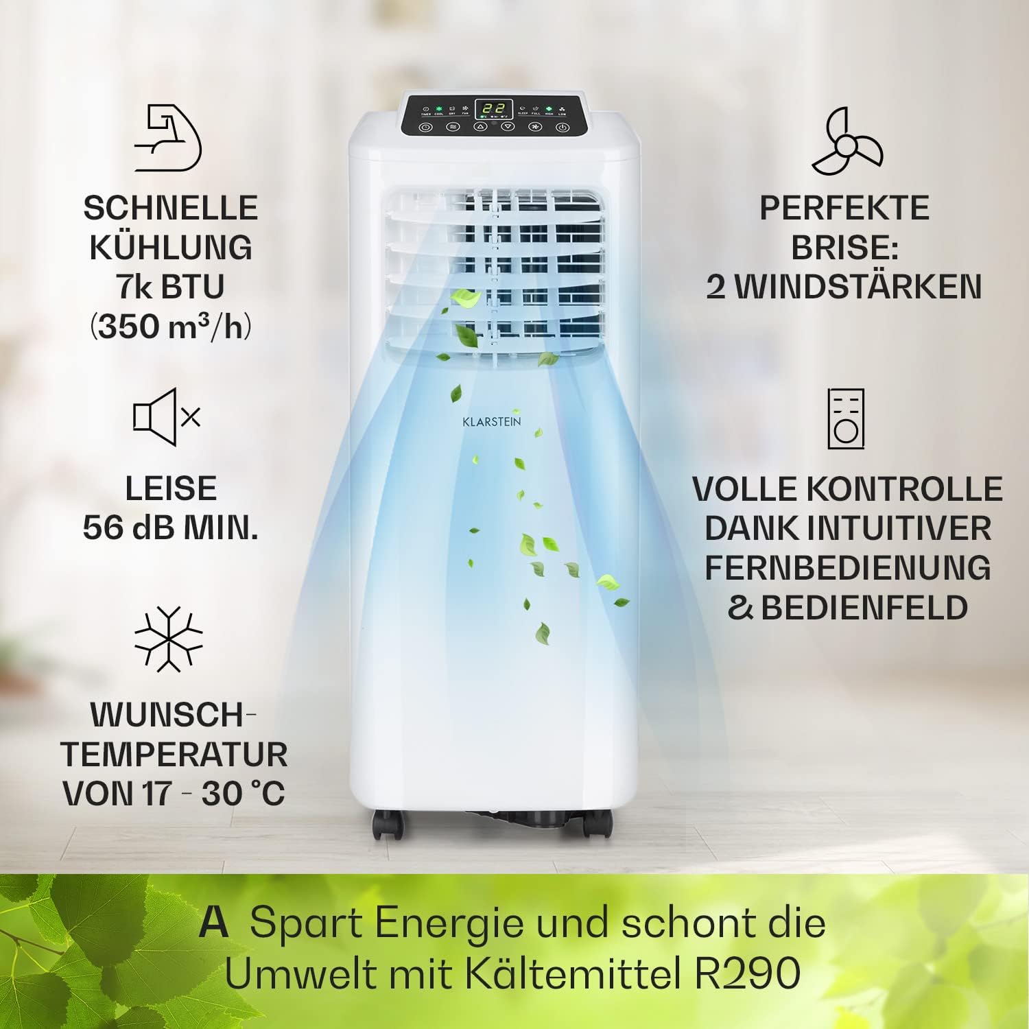 Klarstein Klimaanlage, 4-in-1 Klimagerät, Entfeuchter, Ventilator & Nachtmodus, Mobile Klimaanlage mit Abluftschlauch, App-Steuerung, Air Conditioner für Räume bis 44 m², 9000 BTU, Weiß