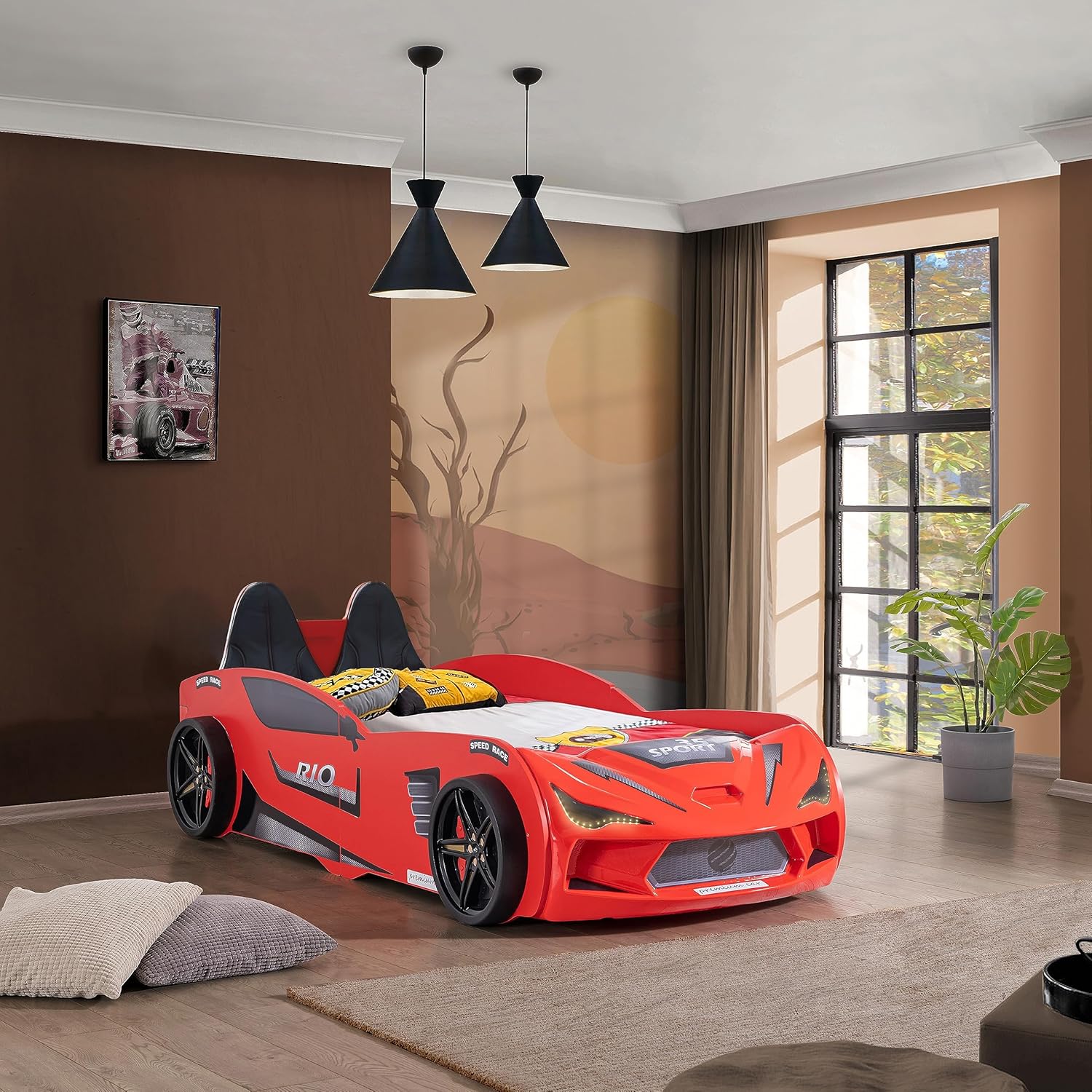 Autobett Kinder Kinderbett Rio 90x200 Rennwagenbett inkl. Lattenrost LED-Leuchte Spoiler (inkl. Creativ Fresh H2 Matratze, Rot inkl. Sportsitze)
