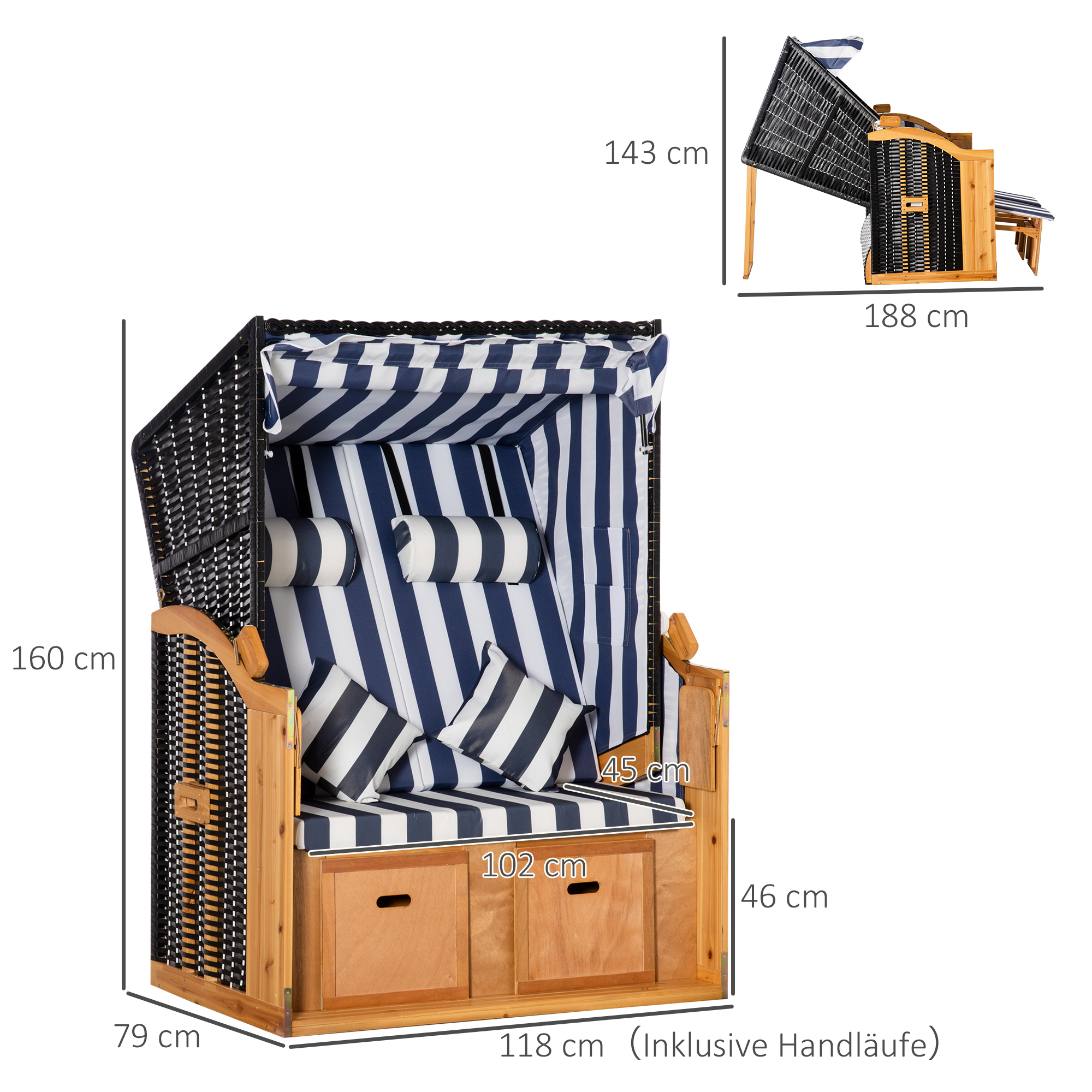 Outsunny strandstoel met dak rotan look klaptafel blauw 118 x 79 x 150 cm