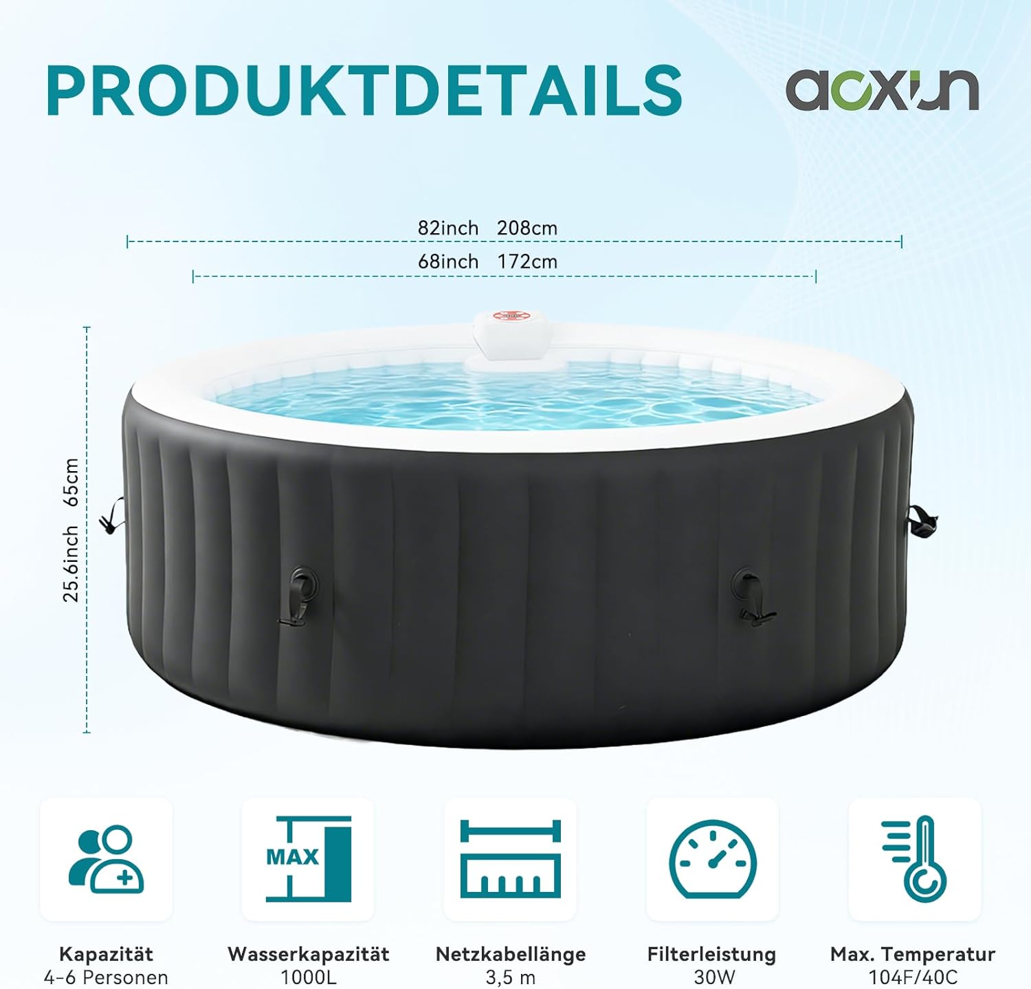 Aoxun Aufblasbarer Whirlpool für 2-4 Personen, 208x208 cm großes Whirlpool Outdoor mit 130 Luftdüsen, 1800W Portable Badewanne mit Abdeckung & Filter, aufblasbare Badewanne für Garten Terrasse