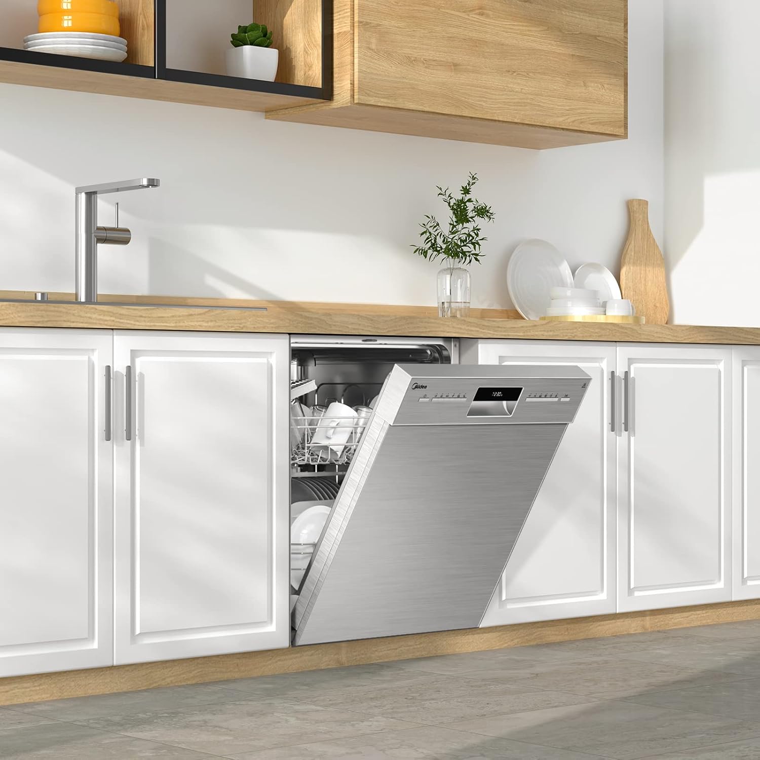 Midea Geschirrspüler Unterbau MDWEU1435XSS-W, 14 Maßgedecke, Spülmaschine 60 cm Teilintegrierbar mit WIFI, Extra Trocknung, 7 Programme, 47dB, 0-24h Startzeitverzögerung, Inox