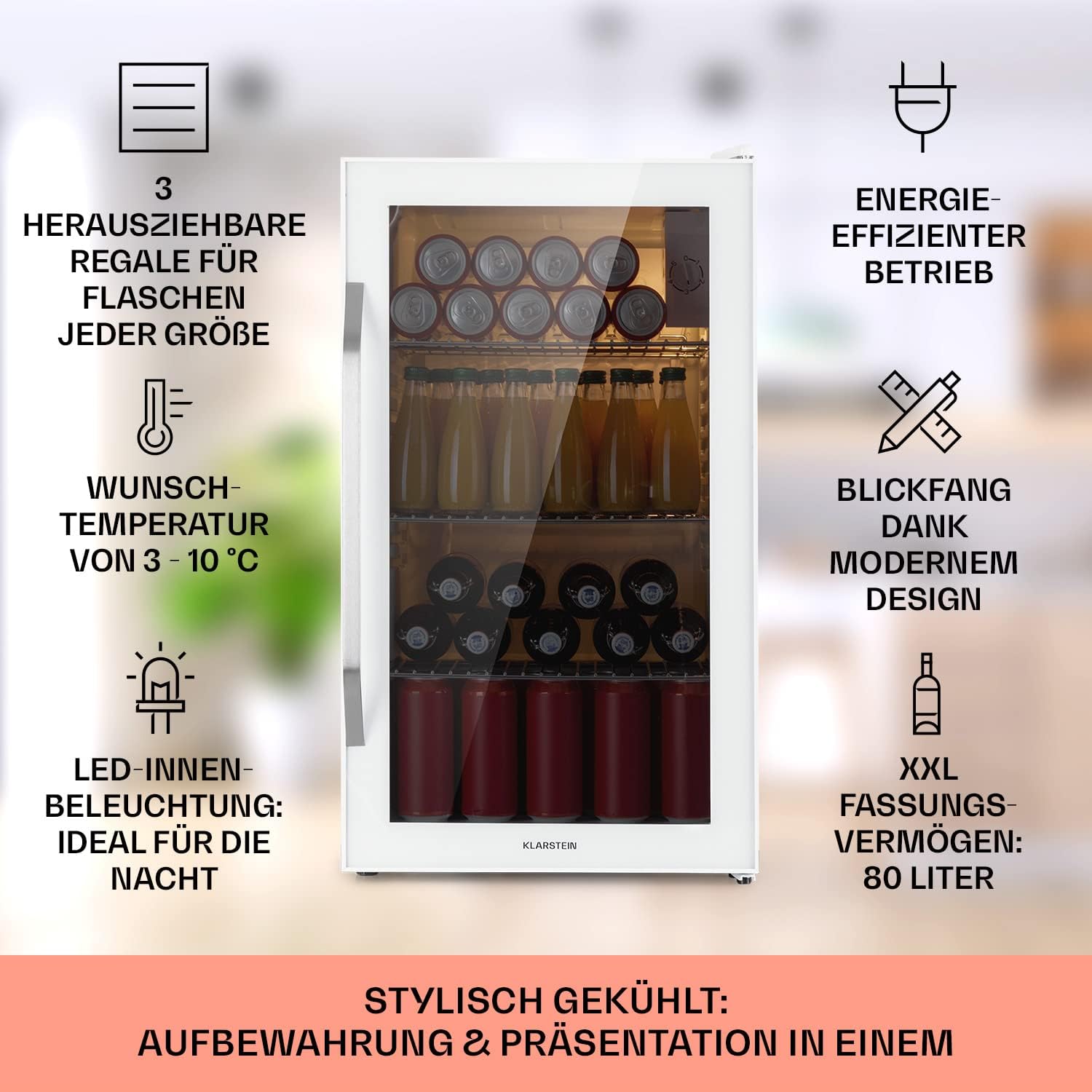 Klarstein Mini Kühlschrank mit Glastür, für Zimmer, Getränkekühlschrank mit Verstellbaren Ablagen, Kleiner Kühlschrank 80 Liter, Indoor/Outdoor, Leise