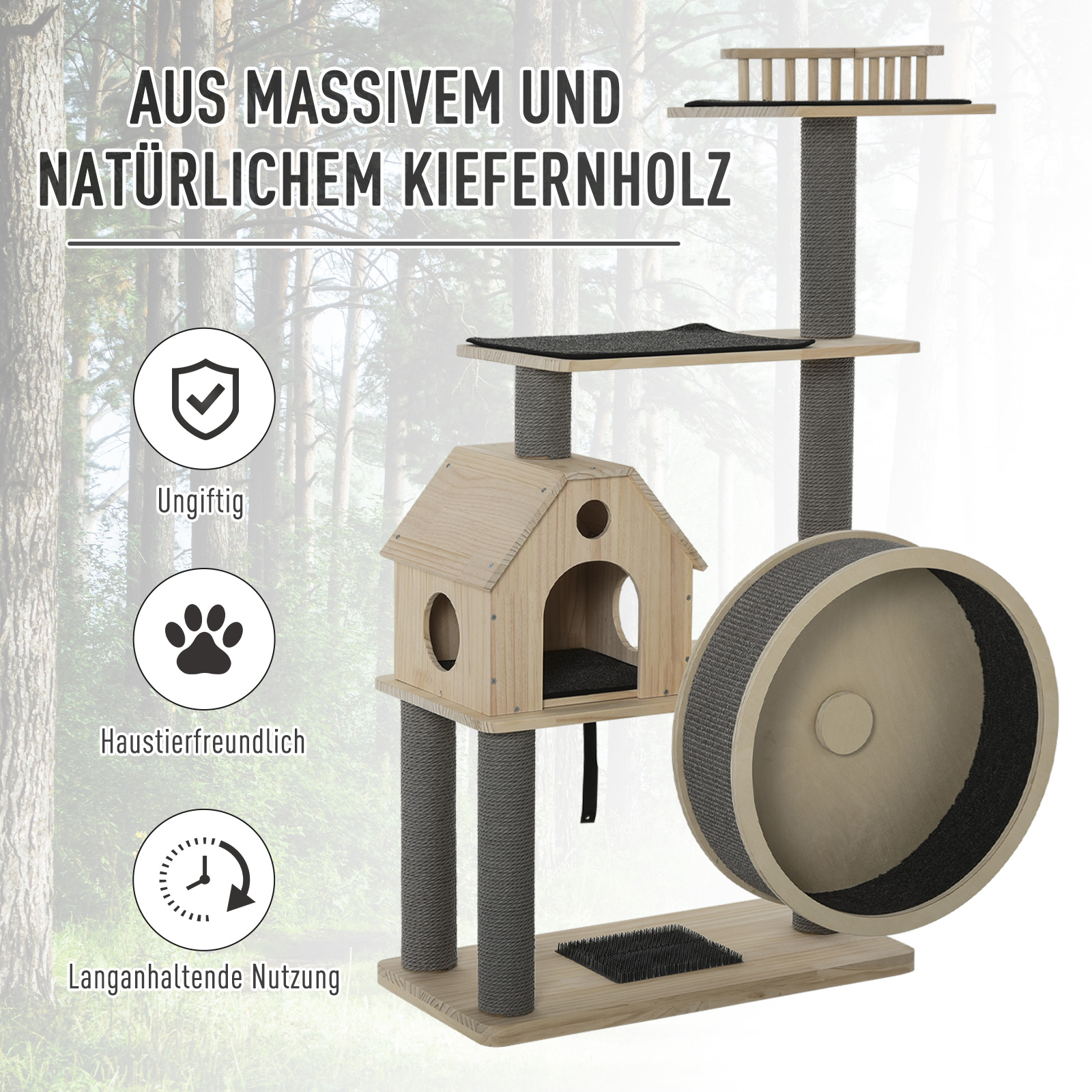 Kattenboom met loopwiel krabpaal met 4 verdiepingen kattenhuis met sisalpalen massief hout