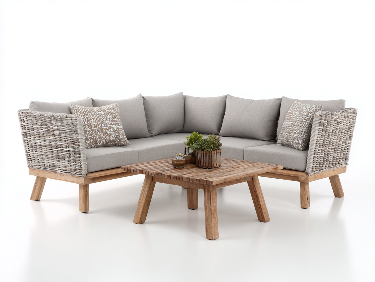 Gartensofa Ecksofa Set Polyrattan und Holz mit Tisch für Garten und Terrasse 240x240x75 cm - Naturholz und Hellgrau - Modernes Lounge Design