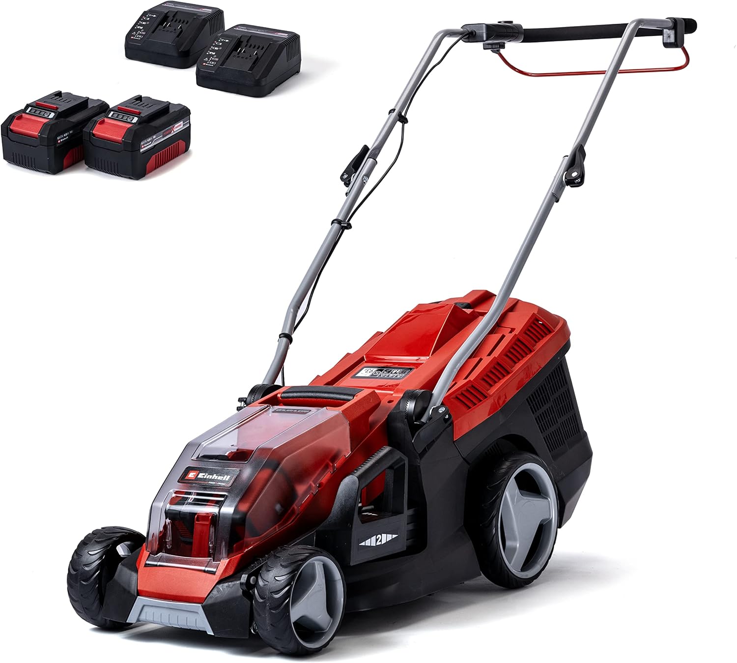 Einhell Akku-Rasenmher GE-CM 36/36 Li Kit Power X-Change (36 V, 36 cm Schnittbreite, bis 400 m, Brushless, 40L Fangkorb, 25-75 mm Schnitthhe, inkl. 2x 4,0 Ah Akku + 2x Ladegert)