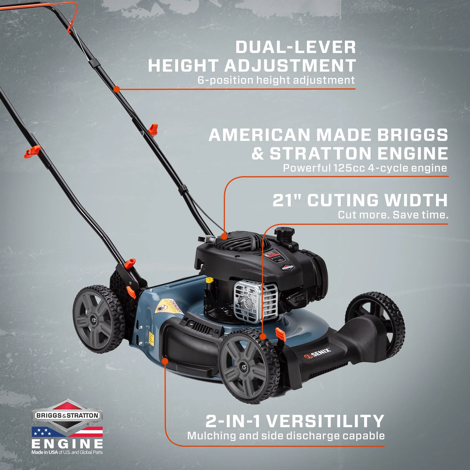 2025 SENIX Handgrasmaaier 21 Inch, Benzinemotor 125 cc 4-Takt, Mulching en Zijscheiding, Hoogteverstelling met Twee Hendels, Model LSPG-M3
