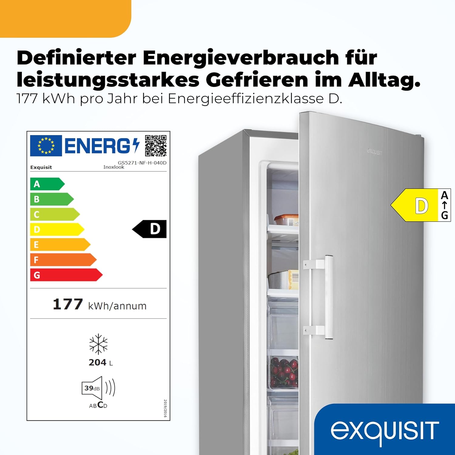 Exquisit Gefrierschrank 204 l Nutzinhalt, Energieklasse E, 39 dB(A) NoFrost, Schnellgefrieren, elektronische Temperaturregelung, Türalarm, hohe Bauform für mehr Stauraum GS5271-NF-H-040E weiss