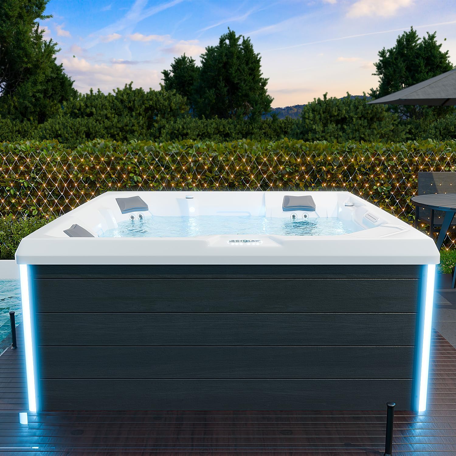 Tronitechnik® Outdoor Whirlpool Spa PANAREA außen Badewanne weiß 210cm x 210cm mit Heizung, Hydromassage und Farblichtherapie