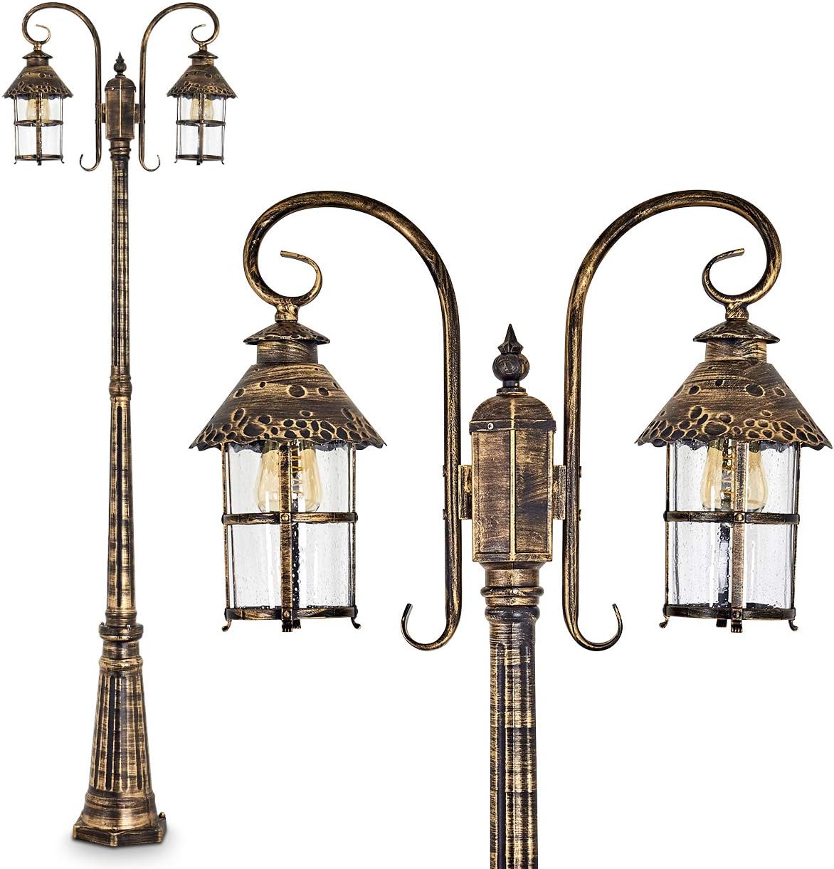 HOFSTEIN Kandelaber Tolep, Außenwegeleuchte aus Metall/Glas in Braun/Gold/Klar, Wegeleuchte im Antik/Retro/Vintage-Design für Garten, Außenbereich, Hof, 220 cm, 2 x E27, IP44