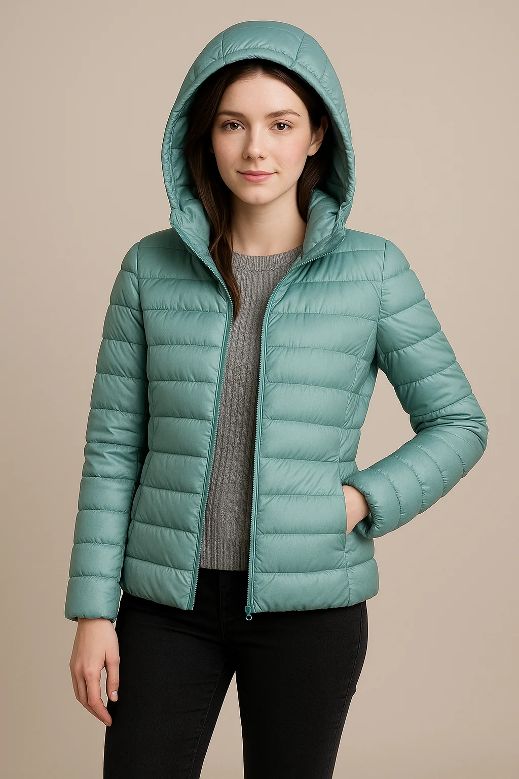 Taillierte, gesteppte Daunenjacke mit Kapuze f��r Damen