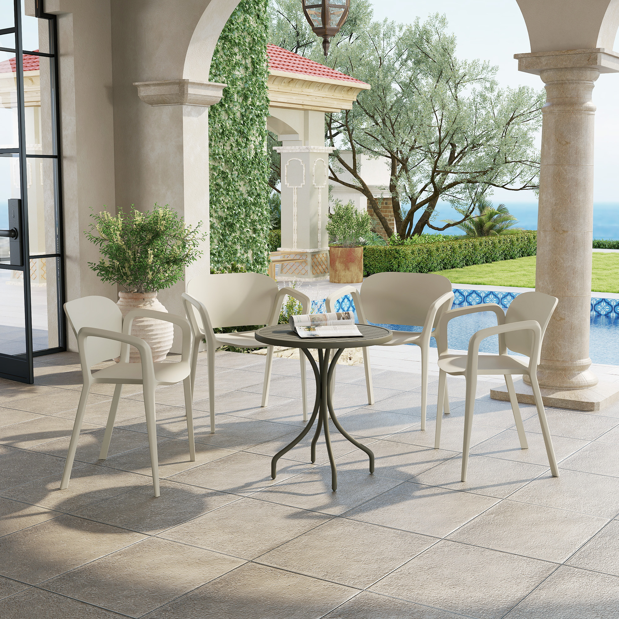 Outsunny Set van 4 Weerbestendige Tuinstoelen uit Kunststof, Stapelstoel met Arm- en Rugleuning tot 120 kg Belastbaar
