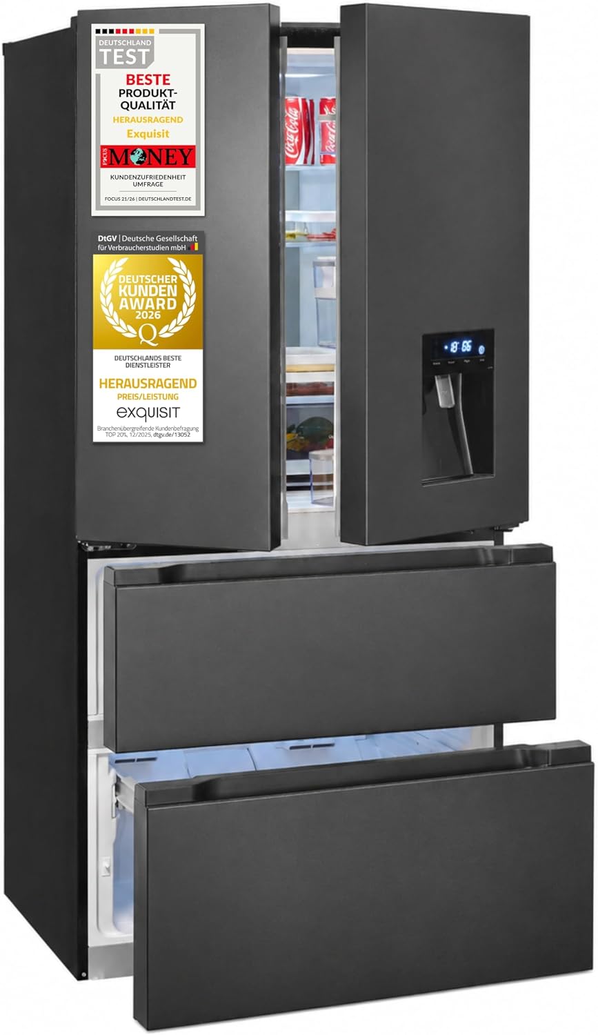 Exquisit Frenchdoor Kühl-Gefrierkombination | 506 l Nutzinhalt, Energieklasse E, 41 dB, No Frost Kühlen & Gefrieren, Schnellgefrieren, Wasserspender, LED, Elektronik | FD5490-160-WS-200E inoxlook-az