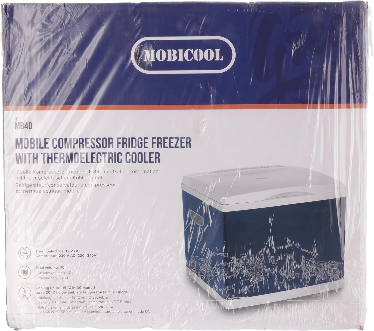 Mobicool MB40, Hybride, draagbare compressor- thermo-elektrische koelbox/vriezer, 38 liter, 12 V en 230 V voor auto, vrachtwagen, stopcontact, Blauw