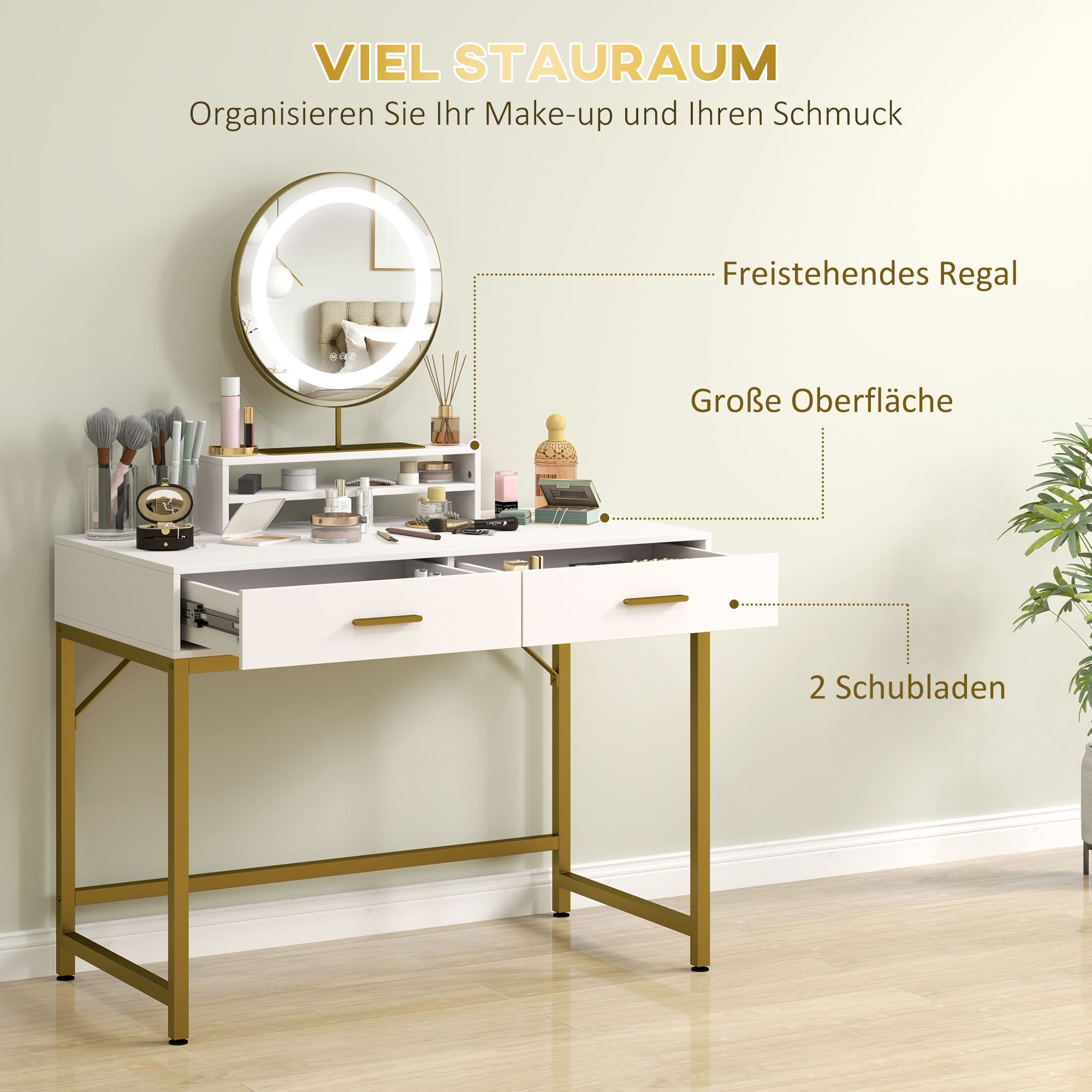 Kaptafel met 360�� Spiegel, LED-verlichting, 2 Laden, Wit/Goud