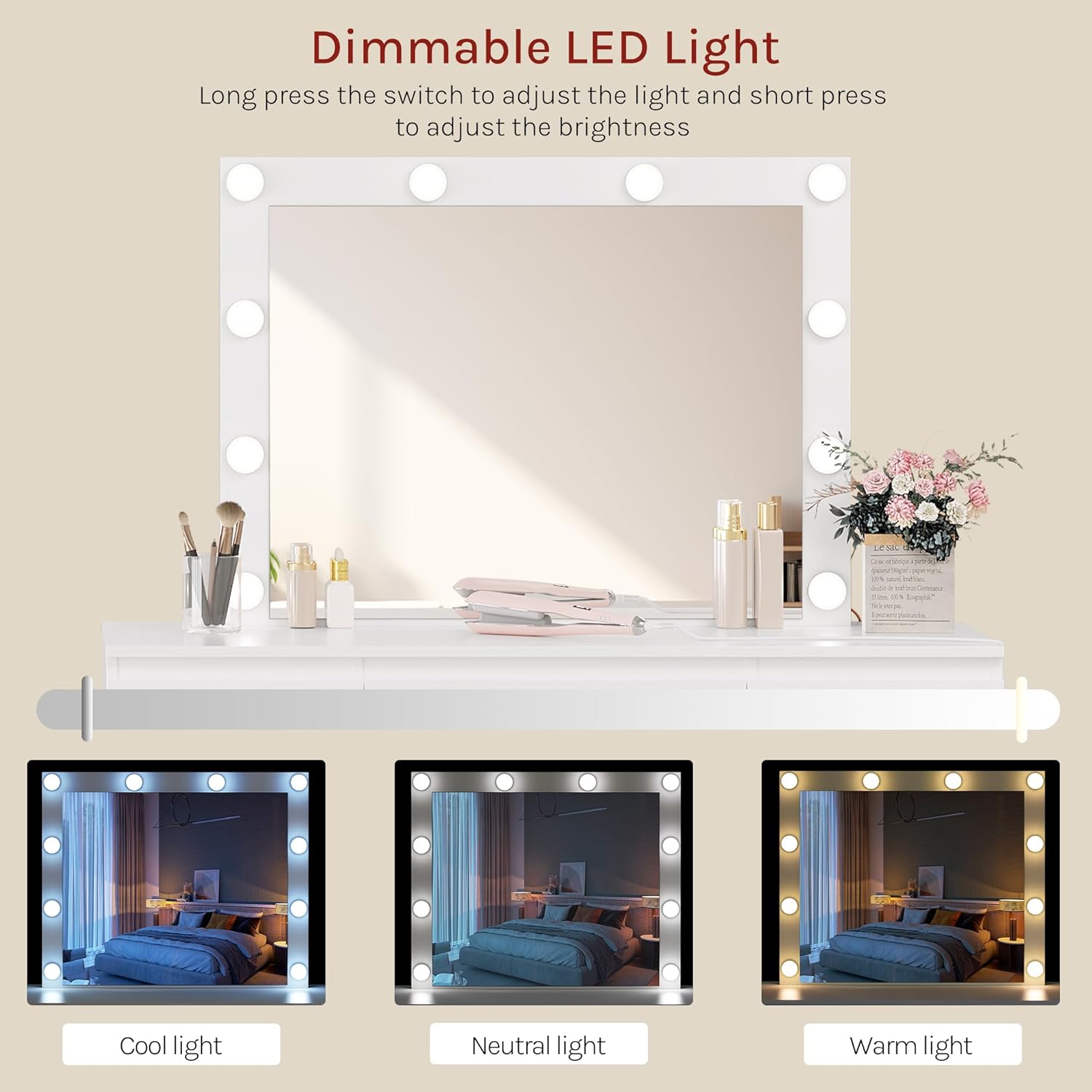 WOLTU MB6124ws Toaletka z oświetleniem i wieloma gniazdkami, toaletka z dużym lustrem LED i 7 szufladami, biurko do makijażu, 110 x 39,5 x 140,5 cm, biała nowoczesna komoda do sypialni