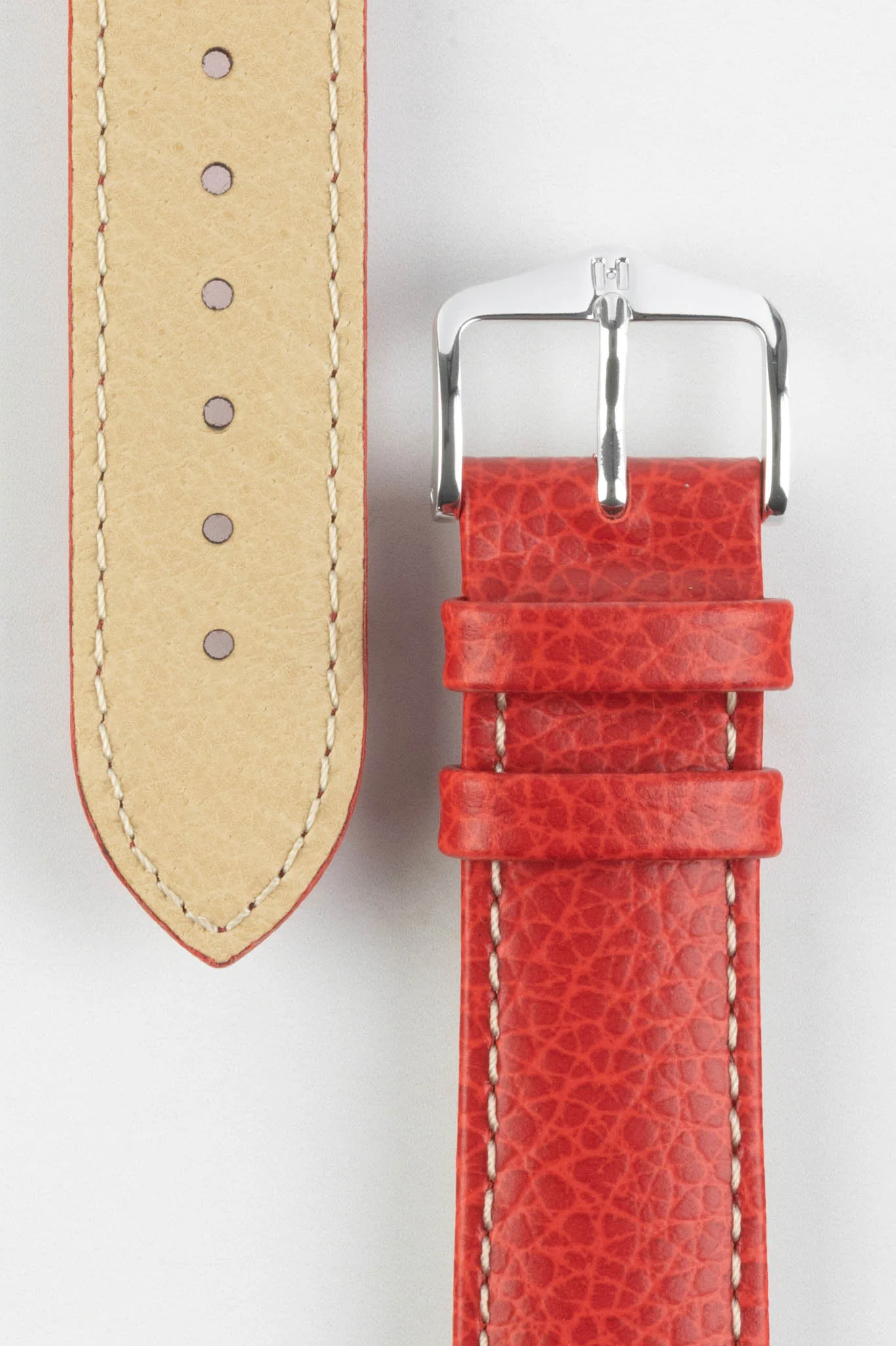 Hirsch KANSAS Buffalo-Embossed Calf Leather Watch Strap in RED with White Stitch