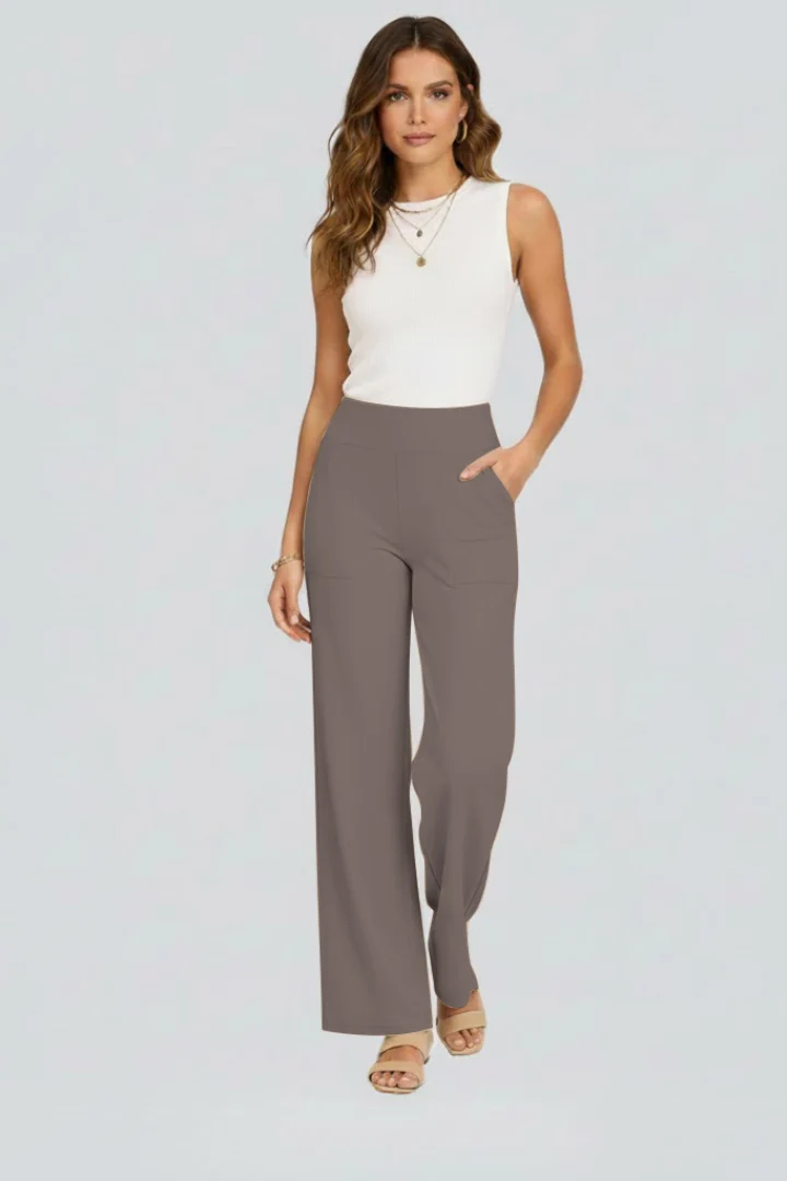 Damen Hose mit weitem Bein und hohem Bund | Bequeme High Waist Stoffhose mit Gummizug | Gerade geschnittene Schlupfhose