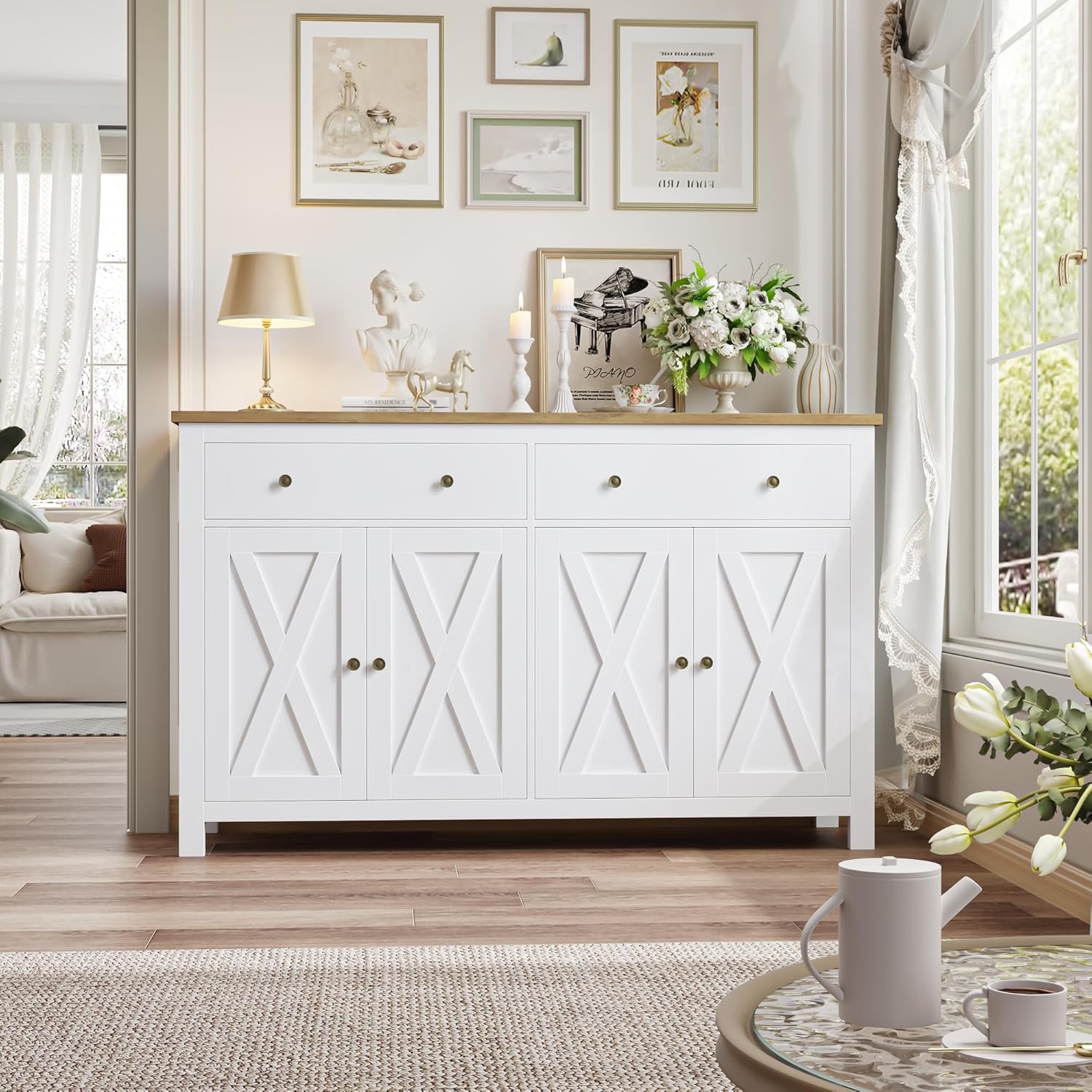 FirFurd Sideboard 140cm Breit Küchenschrank mit Arbeitsplatte Buffetschrank mit 2 Schubladen und 4 Türen Küchenbuffet mit Verstellbares Regal Sideboard für Küche Wohnzimmer Esszimmer weiß 140x89x40 cm