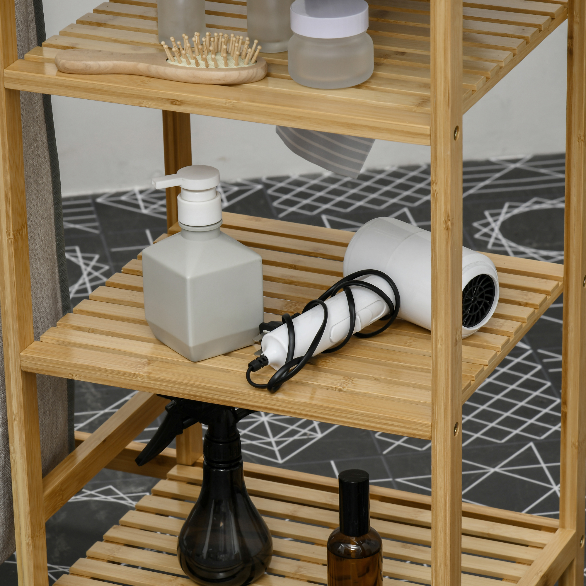 Wasmand, multifunctioneel, Stijkplank & Stoffen Zak 57L, Bamboe Frame, 113x34x82cm, Natuur/Grijs