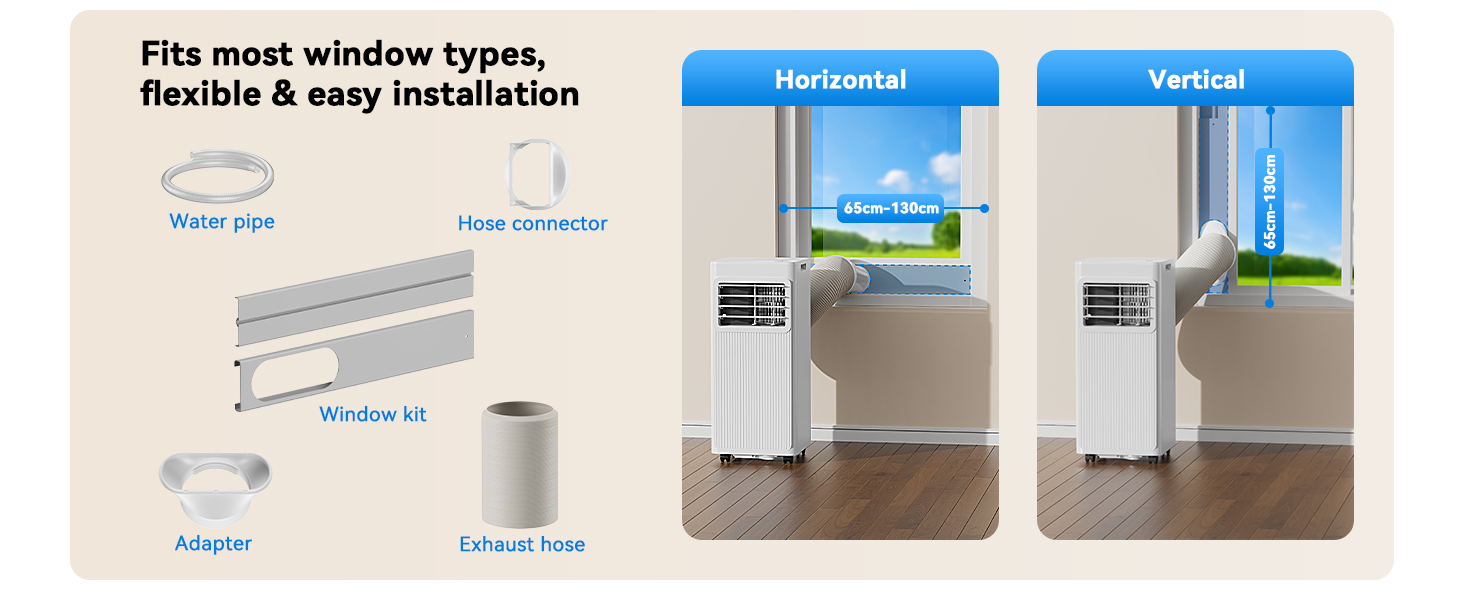 Der Text lautet „Passt für die meisten Fenstertypen, flexibel und einfach zu installieren“ mit Installationsdiagrammen. Die Fensterklimaanlage ist in zwei Ausrichtungen dargestellt: in den Modi „Horizontal“ und „Vertikal“. Anzeige der Frontplatte mit Bedienoberfläche und Fensterhalterung.