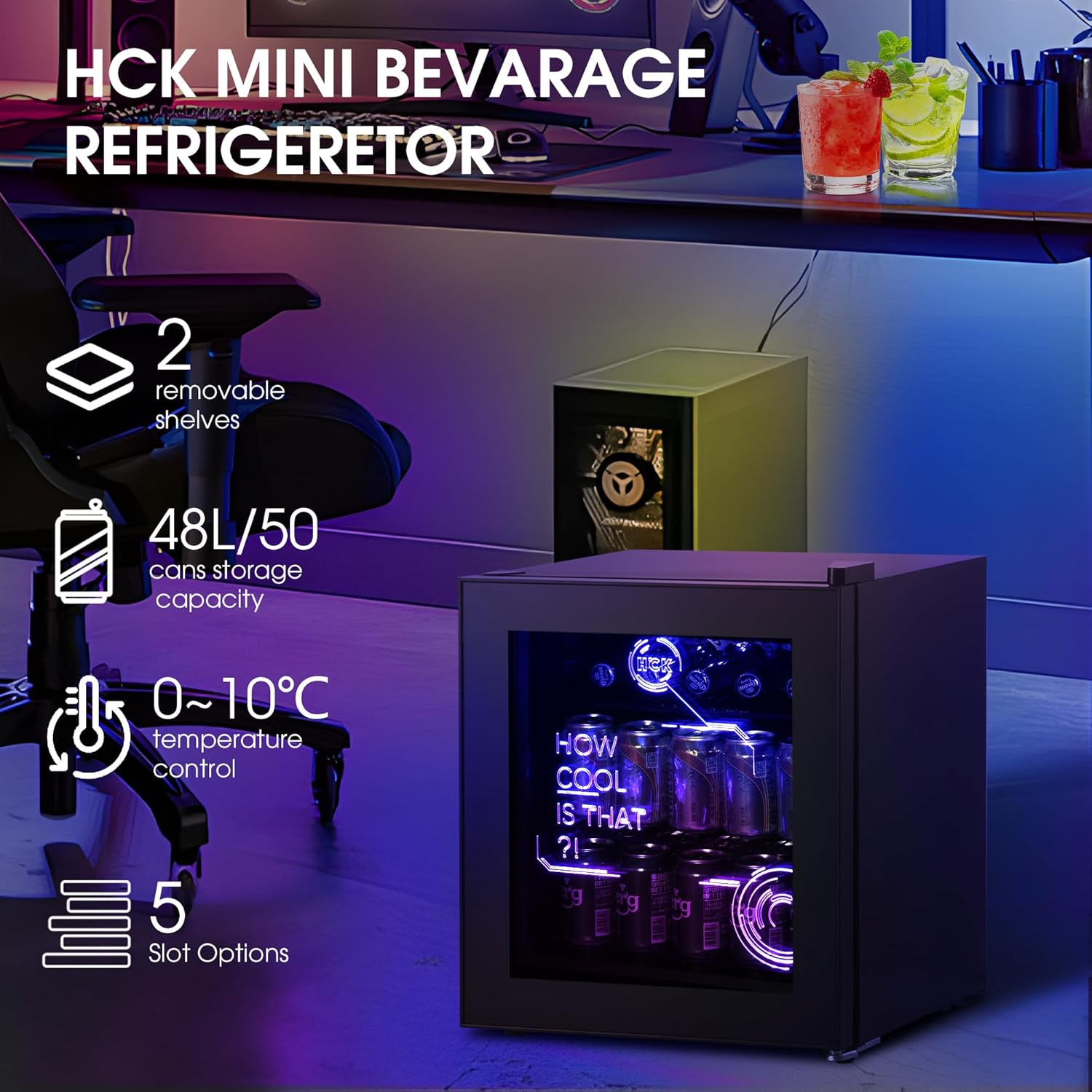 HCK 48L Mini Kühlschrank mit Glastür Leise 39dB, Cyberpunk Getränkekühlschrank mit Fernsteuerbaren RGB LED Lichtern, Flaschenkühlschrank, Mini Fridge 0-15°C für Gaming Deko, Minibar, Schwarz