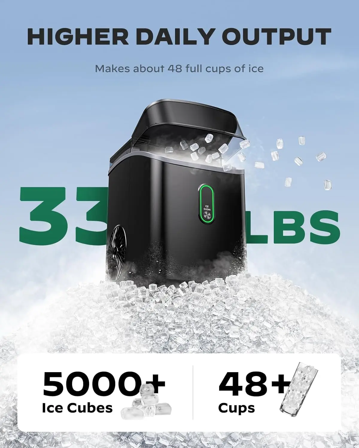 Silonn Nugget-Eiswürfelmaschine für die Arbeitsplatte, Eiswürfelmaschine mit weichen, kaubaren Eiswürfeln, Ein-Klick-Bedienung und Selbstreinigung, 15 kg/24 h für Zuhause, Küche und Büro