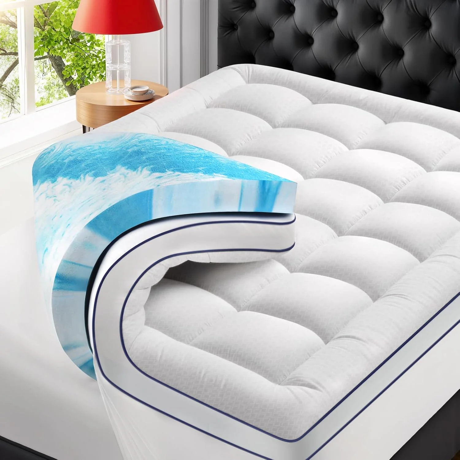 Premium Dual Layer 4 Inch Memory Foam Mattress Topper. 2 Inch Gel Memory Foam and 2 Inch Pillow Top Mattress Pad Cover for Back Pain. Extra Thick Comfort Support