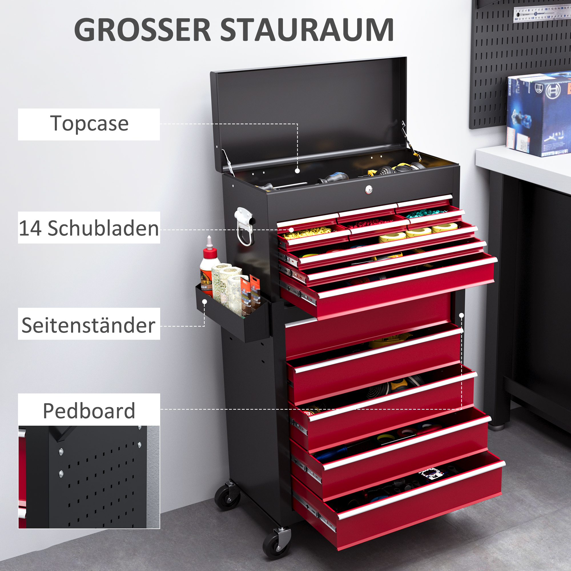 Gereedschapswagen, Tweedelig, Afsluitbaar, 14 Laden, Zijwand met Gaten, Staal, Rood