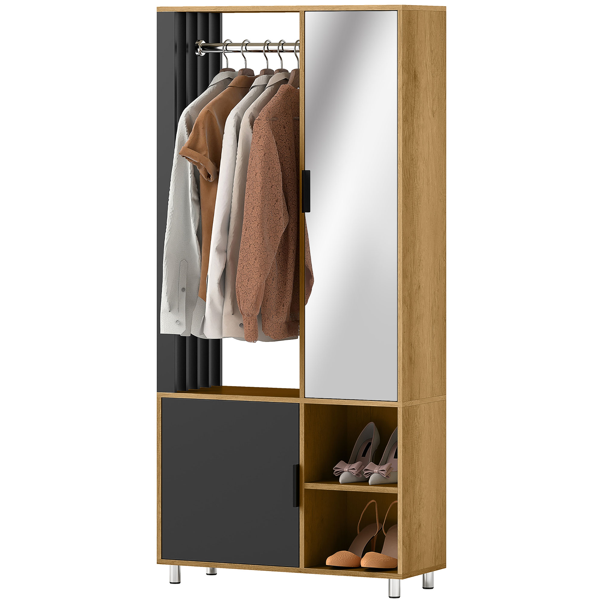 Kast met Spiegel en Kledingstang, Opbergruimten, Open Opbergruimtes, Natuurlijk hout, Zwart