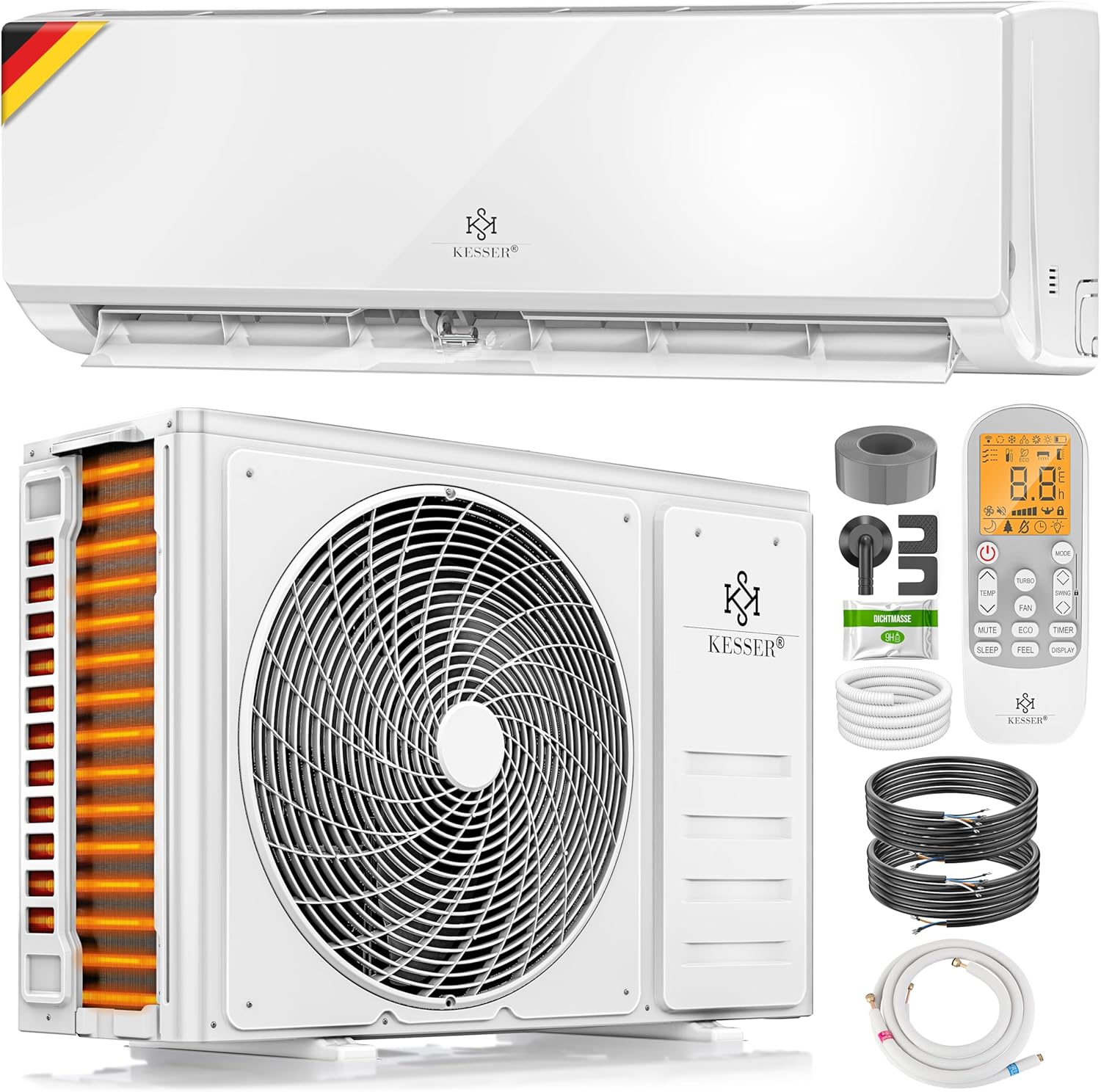 KESSER® Klimaanlage SET Split - mit WiFi/App Funktion Klimagerät - Kühlen A++/ Heizen A+ -12000 BTU/h (3.400 Watt) Sehr Leise, Kältemittel R32 - Fernbedienung, Timerfunktion - Inkl. Montagematerial