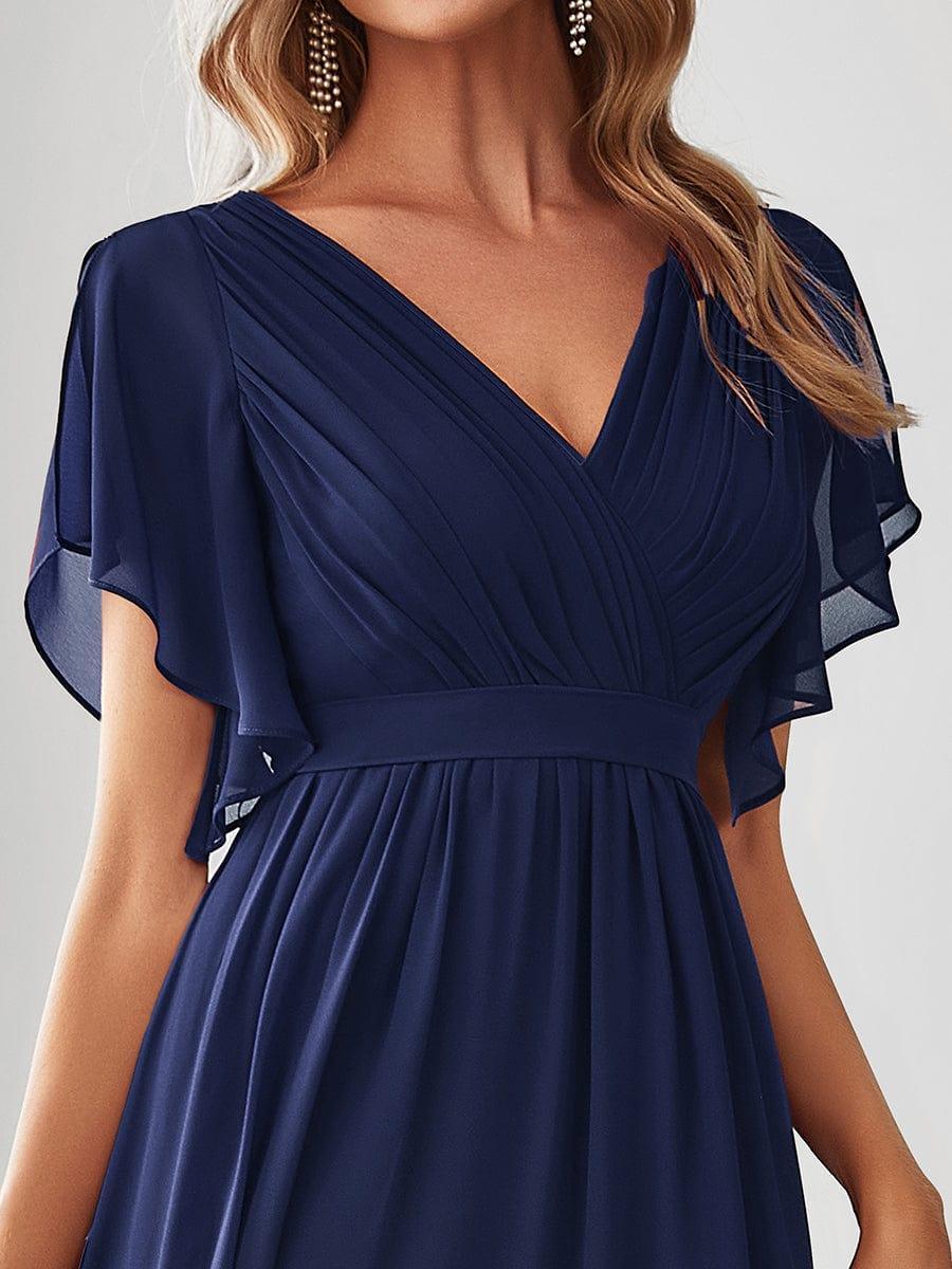 Abendkleid Damen Maxi A-Linie aus Chiffon | Festliches Kleid f��r Hochzeitsg?ste mit V-Ausschnitt und Fl��gel?rmeln