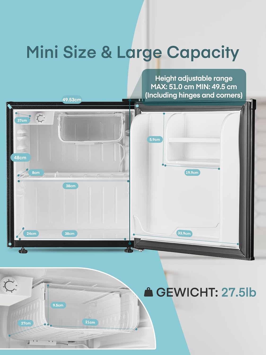 FOHERE Mini Kühlschrank 46L mit Eisfach | Kühlschrank Klein | Temperaturregelung, Energiesparend, Leise | Getränkekühlschrank Ideal für Büro, Camping und Gaming |Wechselbarer Türanschlag | Schwarz