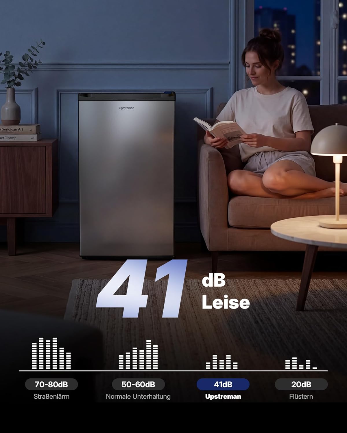 Upstreman 91L Kleiner Kühlschrank mit Schnellkühlfach, 5 Temperaturstufen (0-10℃), Energieeffizient, 41 dB Leiser Betrieb, Kompakt Geräumig für Studentenwohnheim/Büro, BR321-Silber
