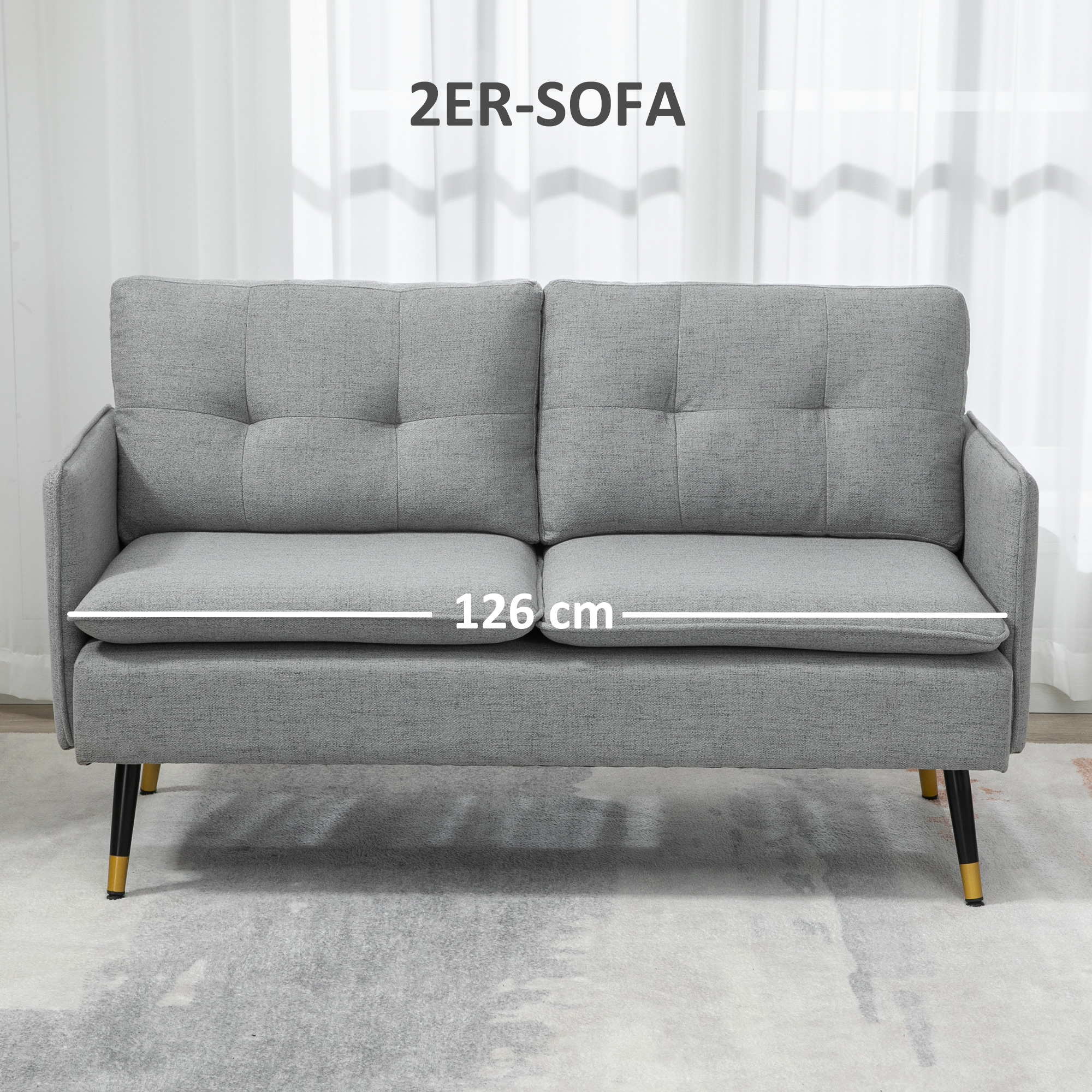 2-zitsbank in retro-design, met knoopstiksels, linnenlook, lichtgrijs+zwart+goud