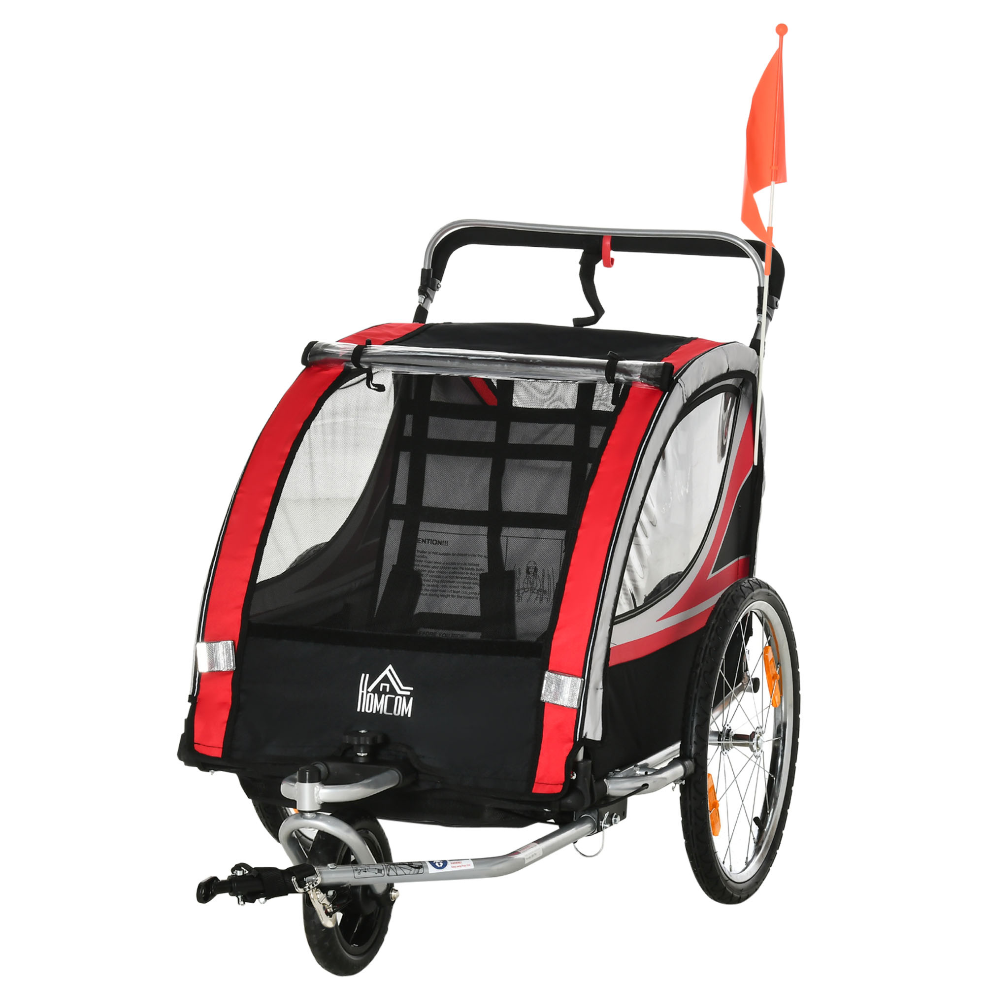 2 in 1 kinderfietskar, kinderkar met vering, rood + zwart