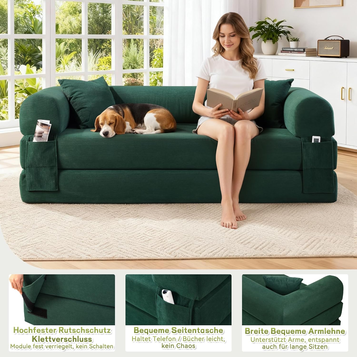 BMMB Bodensofa mit Schlaffunktion, 203cm 3-sitzer Boneless Couch Sofa, Klappbar Schlafsofa Schlafsessel Bed mit 2 Kissen, Moderne Klappsofa Sofabett für Wohnzimmer Schlafzimmer (Dunkelgrün, 8025)