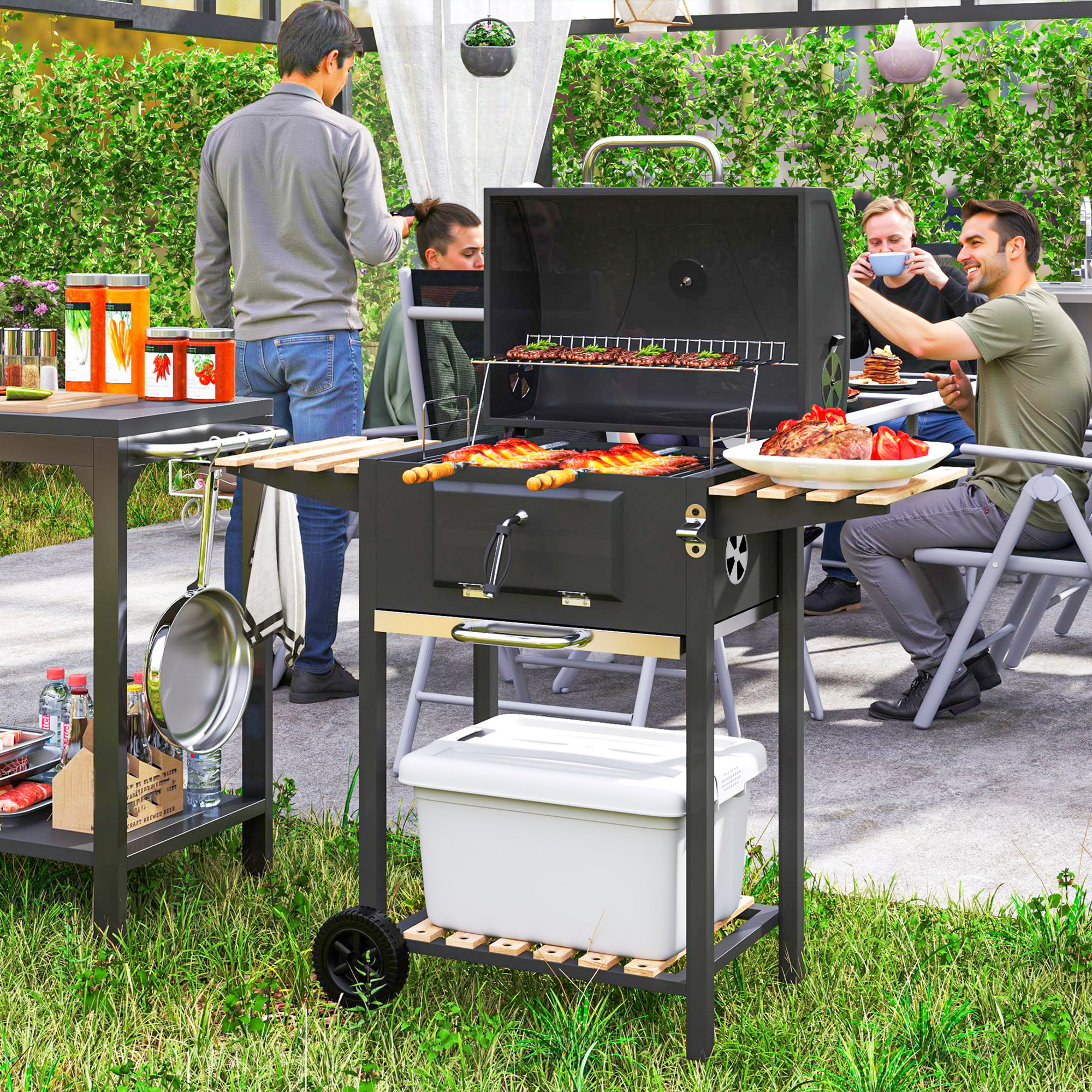 Houtskoolgrill met verstelbare kolenbak, grillwagen, planken, thermometer, flesopener, staal, hout, zwart