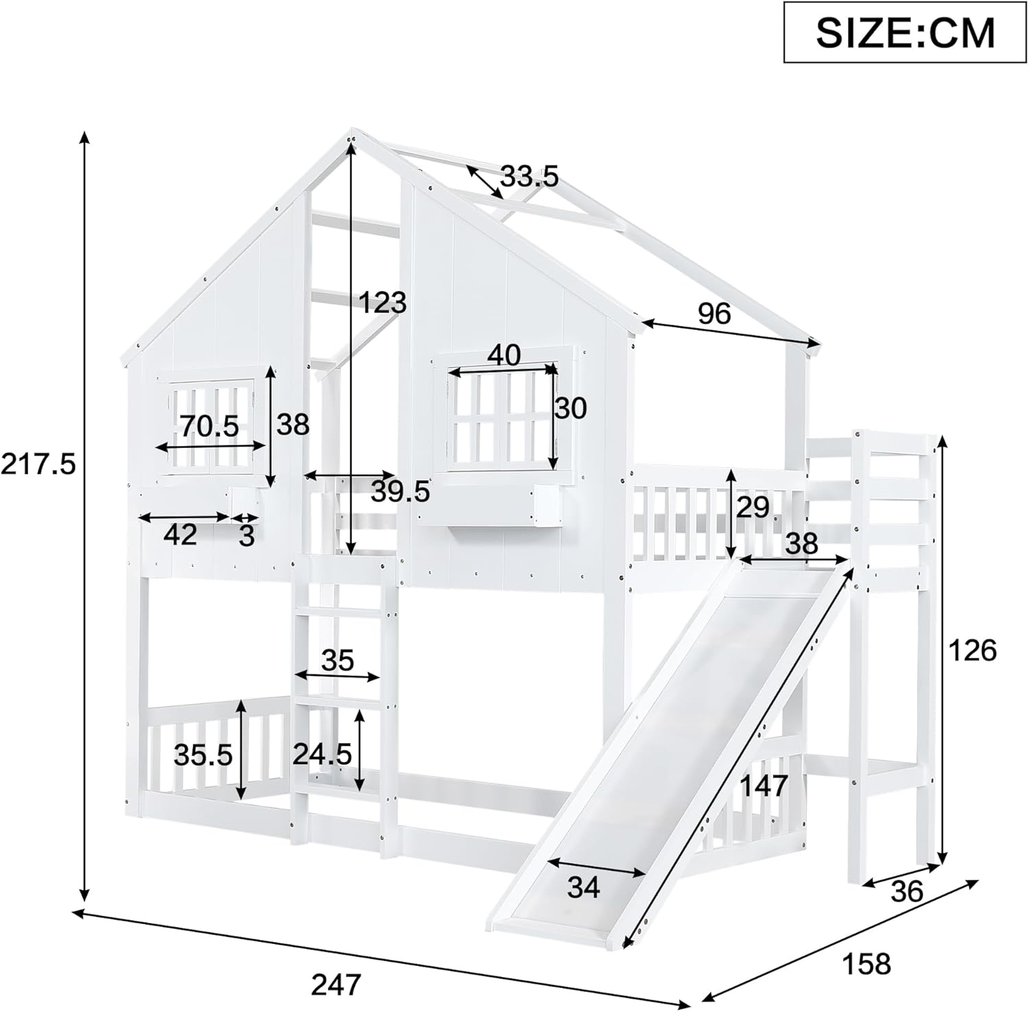 Kinderbett Etagenbett 90x200, Hochbett Hausbett für 2 Kinder, Stockbett mit Rutsche&Leiter&Fenstern&Dach&Aufbewahrungsbox, Doppelbett Holzbett mit Lattenrost&Rausfallschutz, Kiefer, Ohne Matratze,Weiß