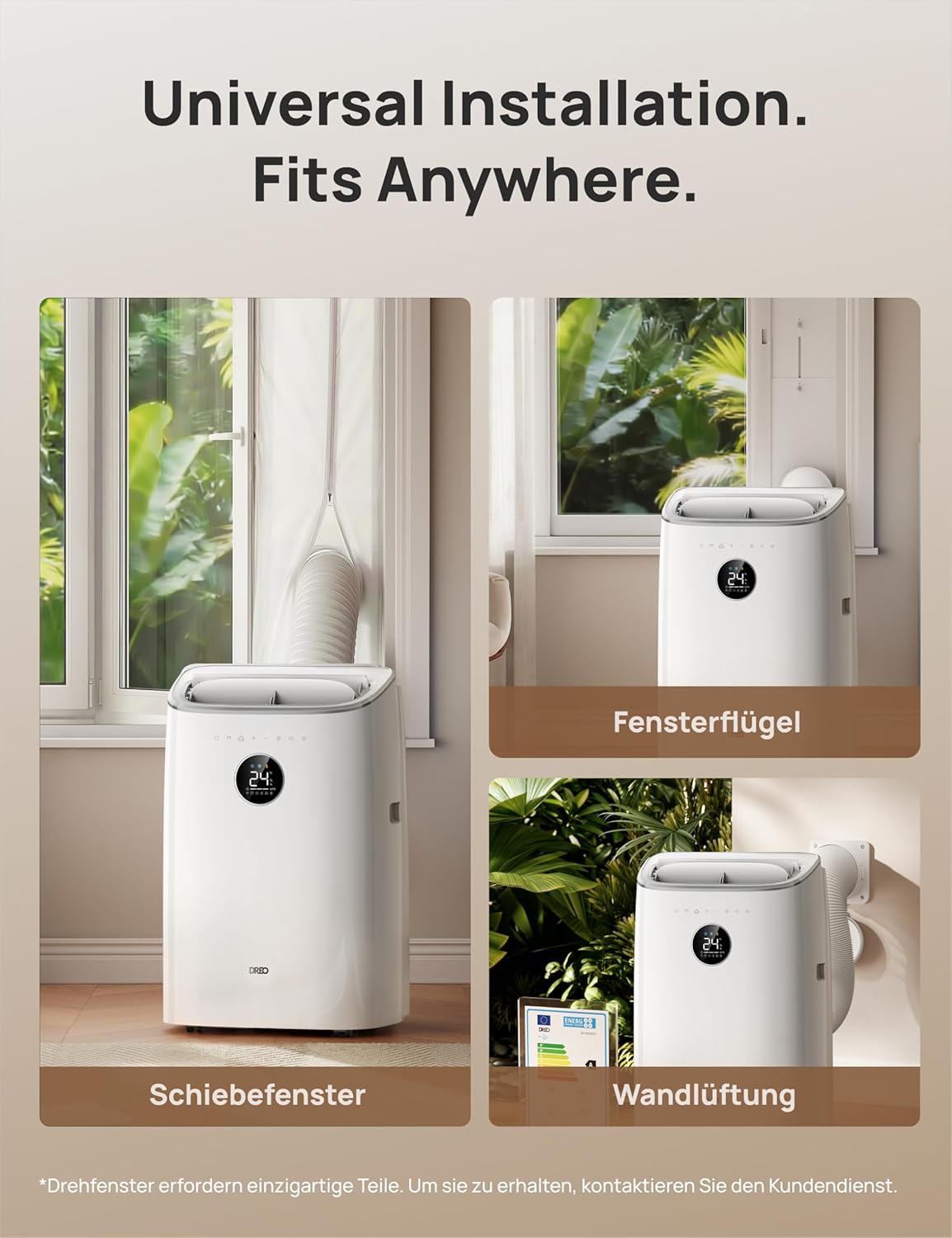 DREO 7500 BTU Mobiles Klimagerät (3-in-1 Kühlen/Ventilieren/Entfeuchten), leise für Schlafzimmer/Büro, Steuerung per App/Sprachbefehl/Fernbedienung, drainagefrei, Fenster-Set, 2,5 L/h, AC318S
