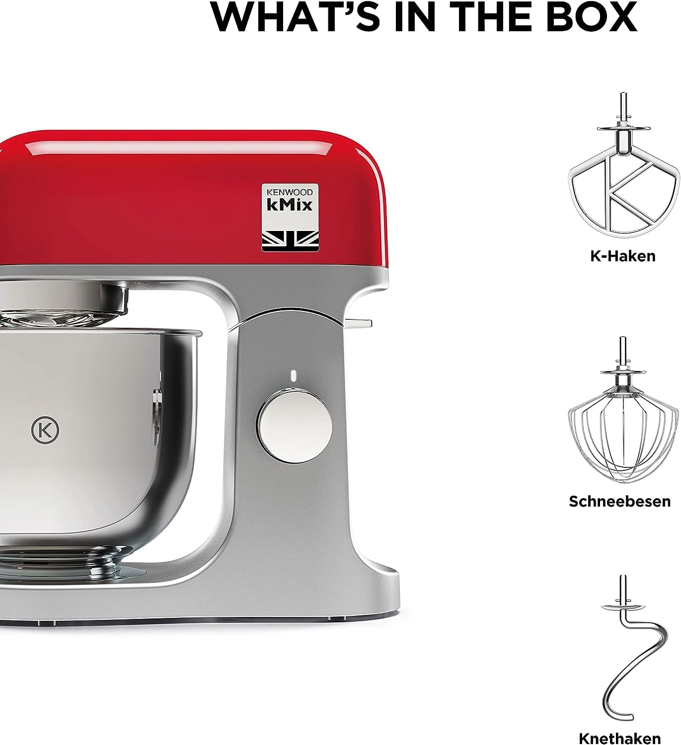 Kenwood kMix KMX750RD Küchenmaschine, 5 l Edelstahl Schüssel, Safe-Use-Sicherheitssystem, Metallgehuse, 1000 Watt, inkl. 3-Teiligem Patisserie-Set und Spritzschutz, Rot