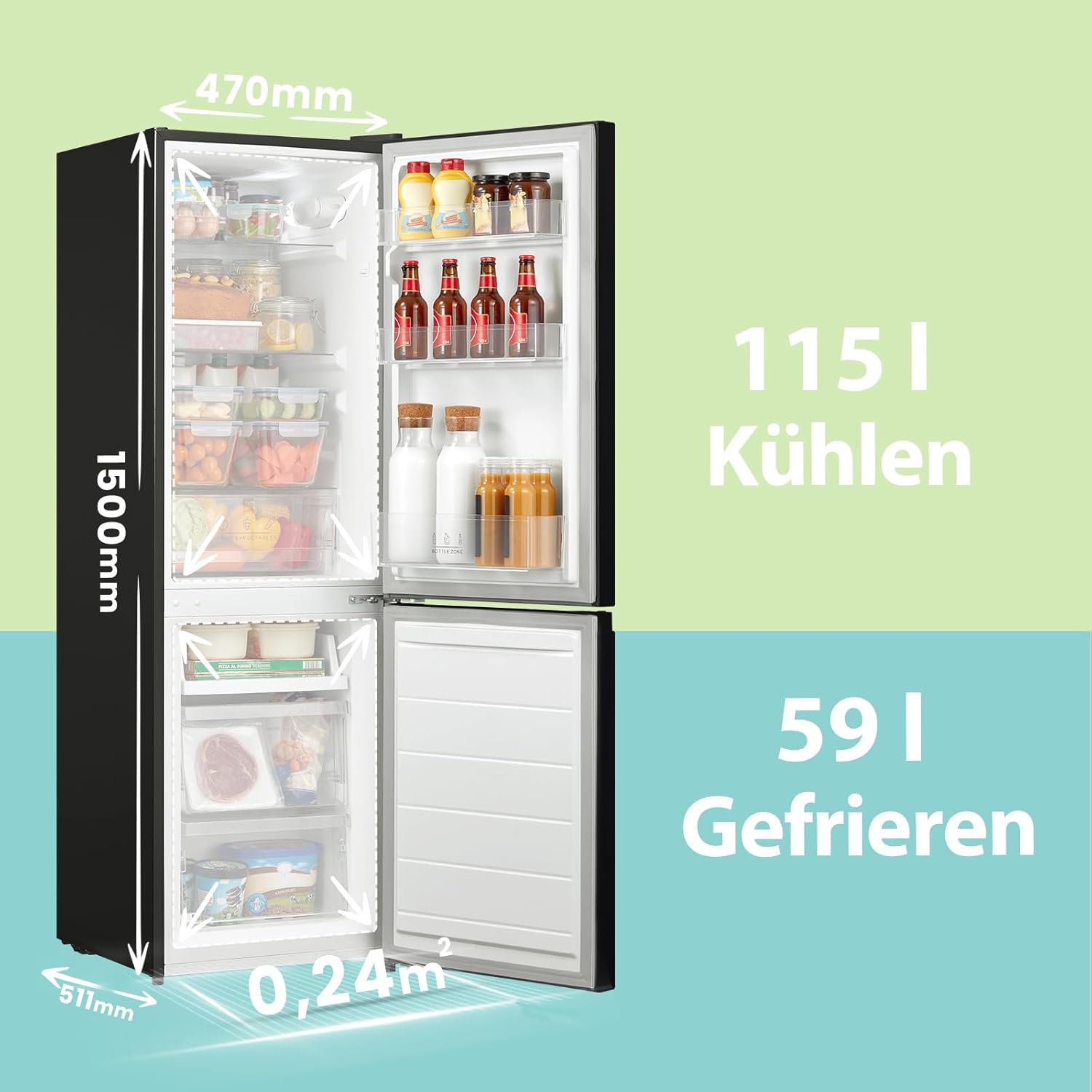 Comfee RCB169DK2(E) Fridge/Freezer Combination, 150 cm Height, Low Frost, Adjustable Fridge Temperature, LED Light, 195 kWh per Year, Fridge Capacity 115 L, 59 L Freezer, Black