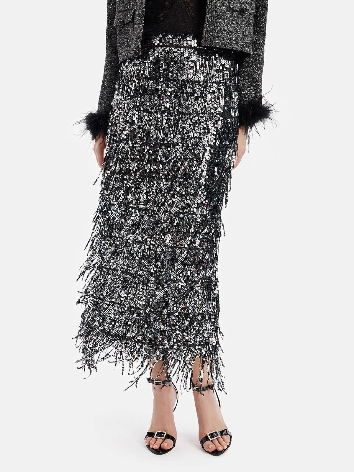Richradiqs Women’s Glitter Sequin Tassel Midi Skirt in Black/Silver
