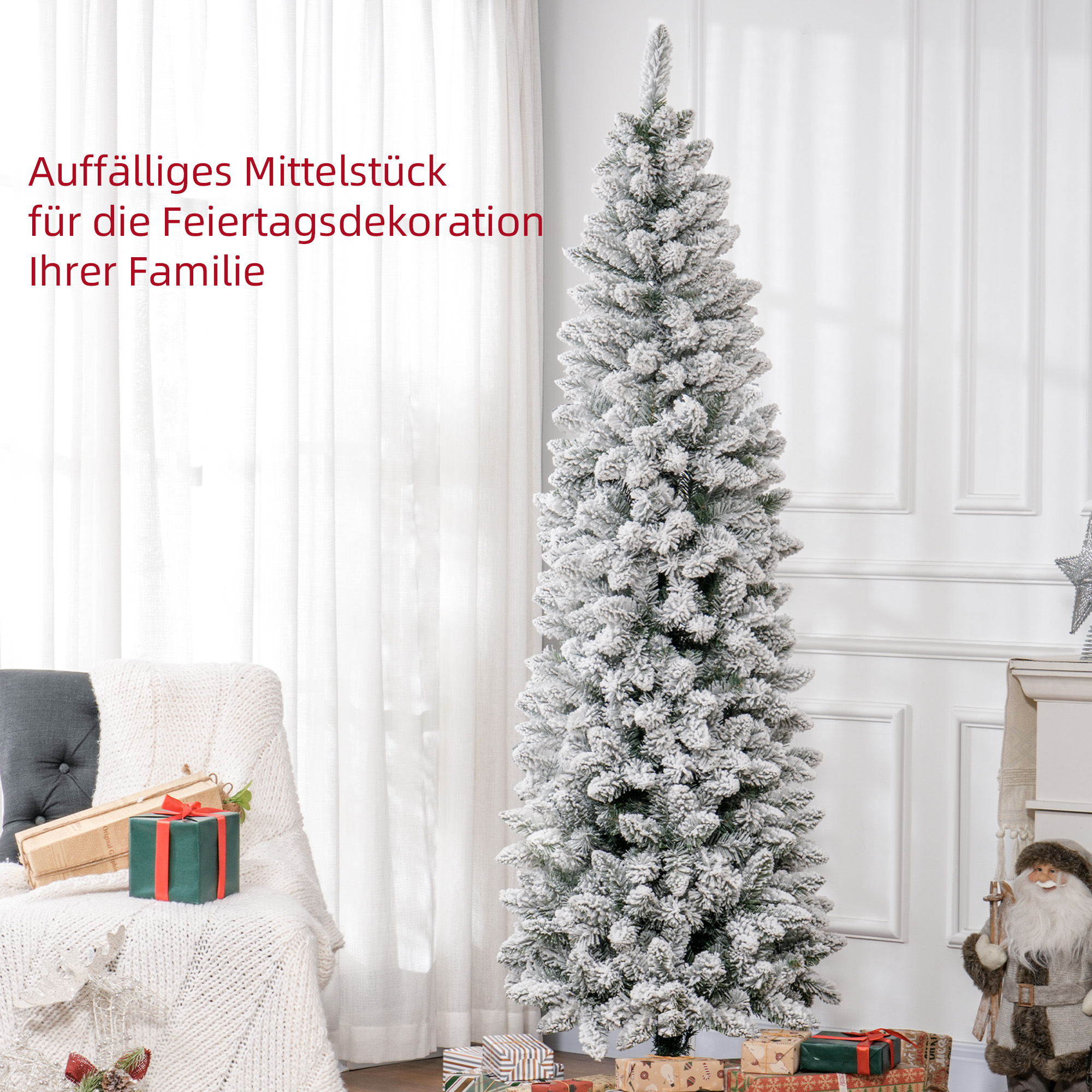 Kunstkerstboom, vlamvertragend, met kunstsneeuw, slank, stalen voet, 75 x 210 cm, Groen