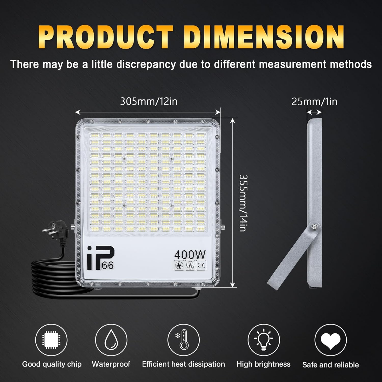 SKYWORLD 2Pcs 400W Strahler Außen, 40000LM LED Strahler mit Stecker, 6000K Kaltweiß Außenstrahler, IP66 Wasserdicht LED Fluter Scheinwerfer Flutlicht für Garten, Innenhöfe, Garage, Terrassen, Hof