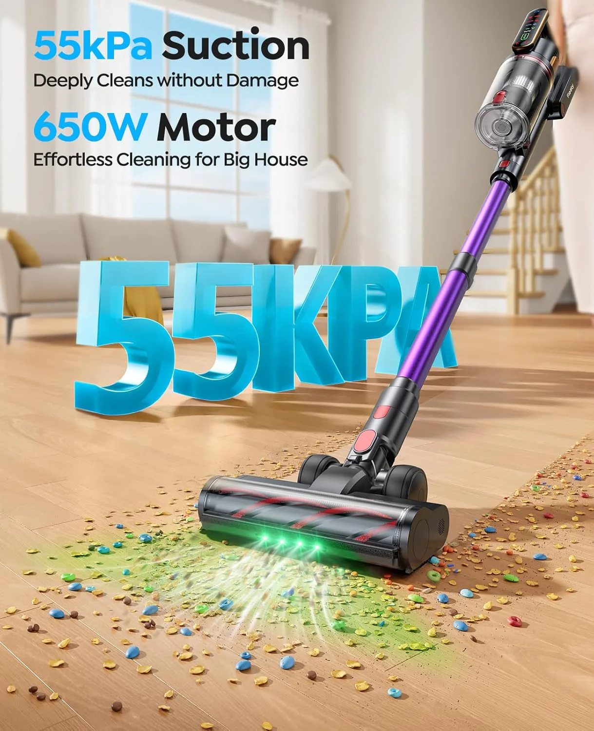 Cordless Vacuum Cleaner 55KPa 650W 70Mins Stick Vacuum Cleaners for Home with Pet Brush. 3.3Ft Hose. Wall Mount Charging. Auto Mode. Touchscreen. Self-Standing Vacuum for Pet Hair/Carpet/Car. Ultra10