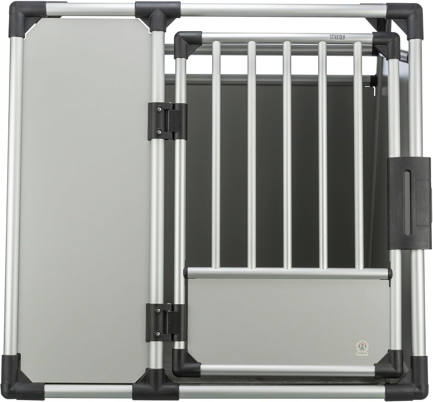 TRIXIE Hunde-Transportbox, Aluminium, L: 92 x 64 x 78 cm, grafit, rutschfste Liegematte, Klettleiste am Boden, Sicherheitsverschluss, stabil und geruscharm, hochgeschlossene Wnde - 39338