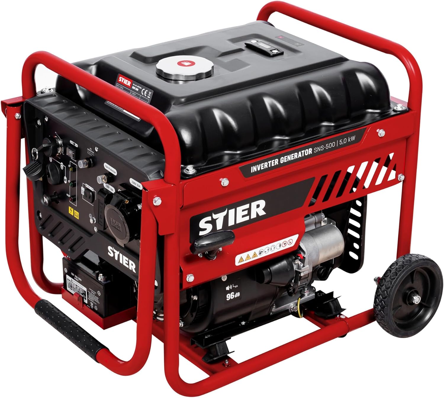 STIER Inverter Stromerzeuger SNS-500 5,0 kW 75 dB(A), Stromgerenator Benzin, Notstrommaggregat, wartungsarm, für den Außenbereich, zum Laden von Batterien geeignet, kompakt