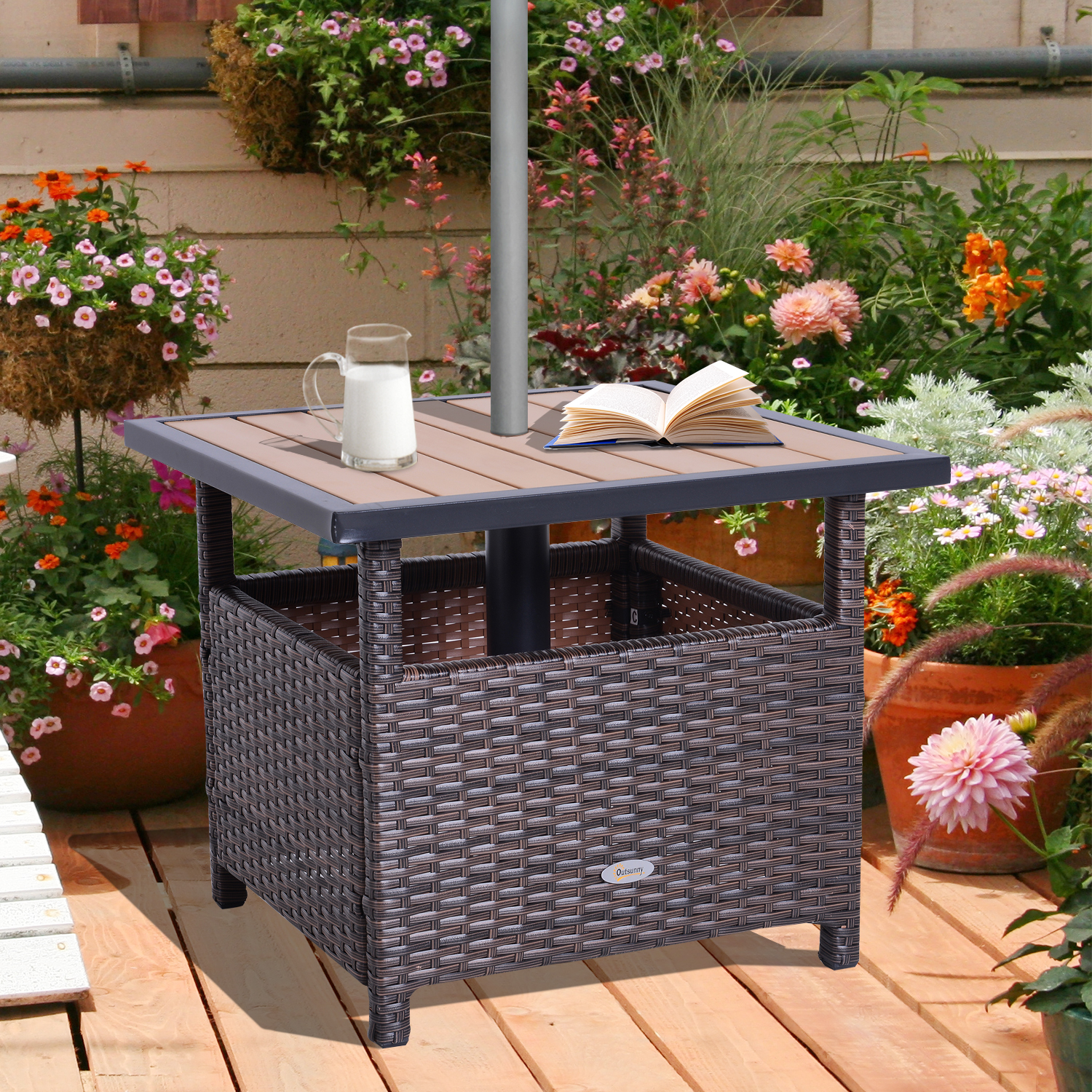? poly-rotan bijzettafel tuintafel voor parasol terrastafel paraplubak incl. zandzak bruin 55,5 l x 55,5 b x 46 h cm