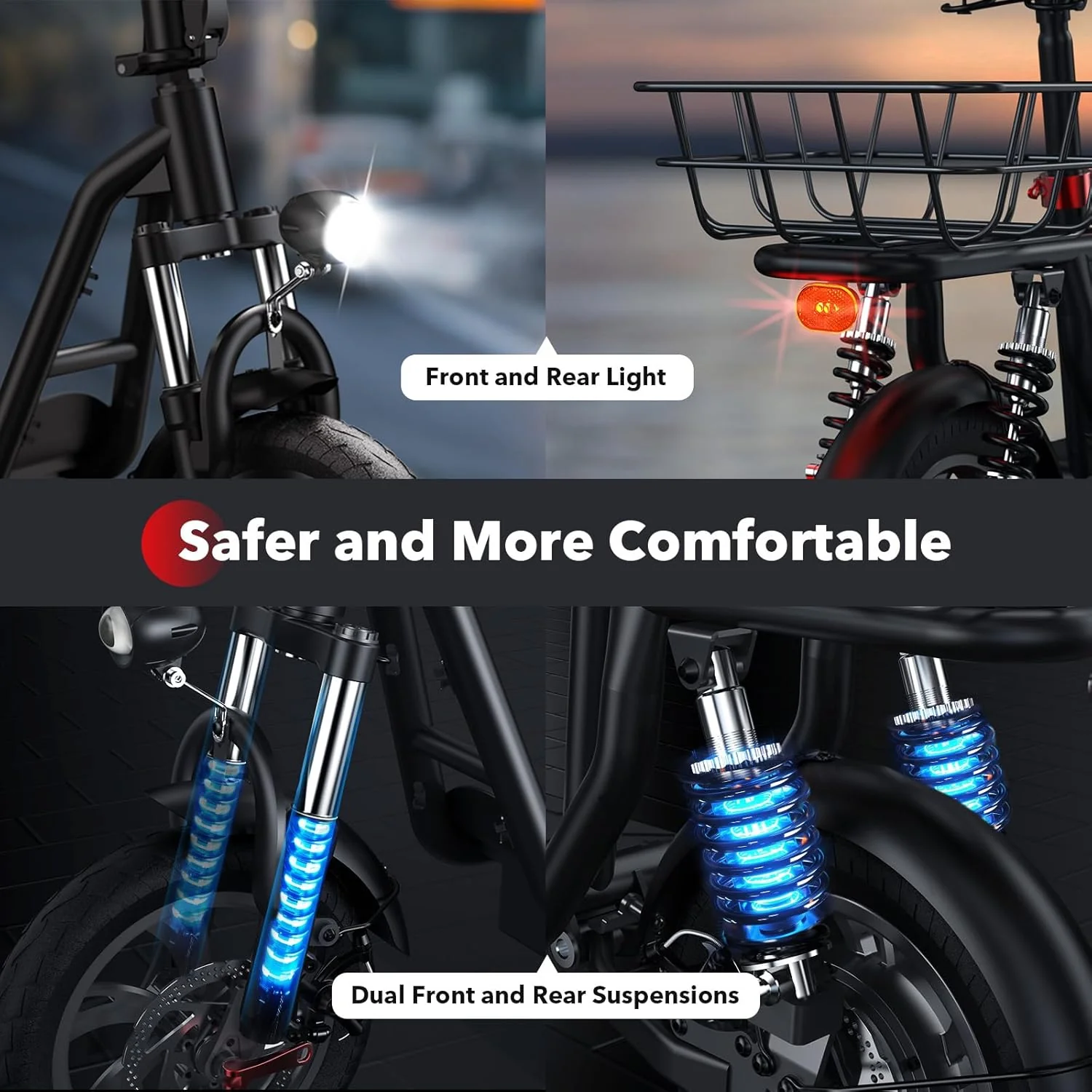 iScooter electric scooter with seat, 37/21 mile range, 28/19/15.6 mph top speed, dual suspension scooter with basket